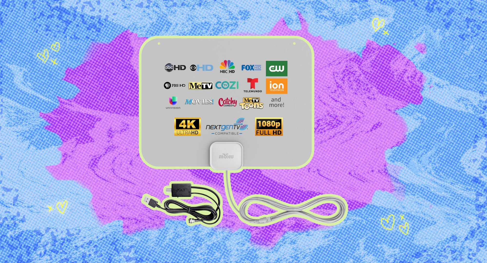 The Mohu Leaf Amplified against a colorful background.