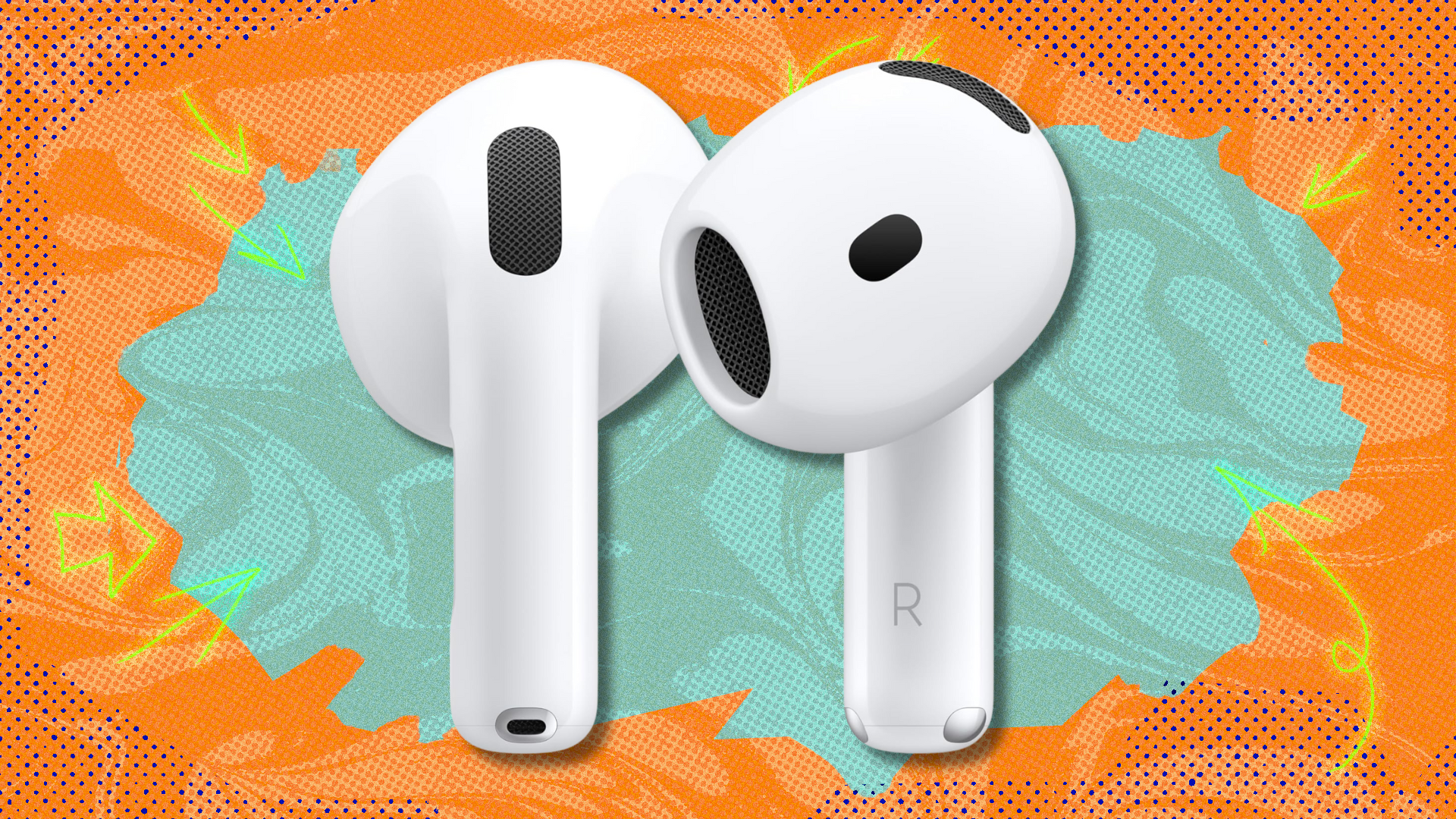 Apple AirPods 4 on teal and orange abstract background