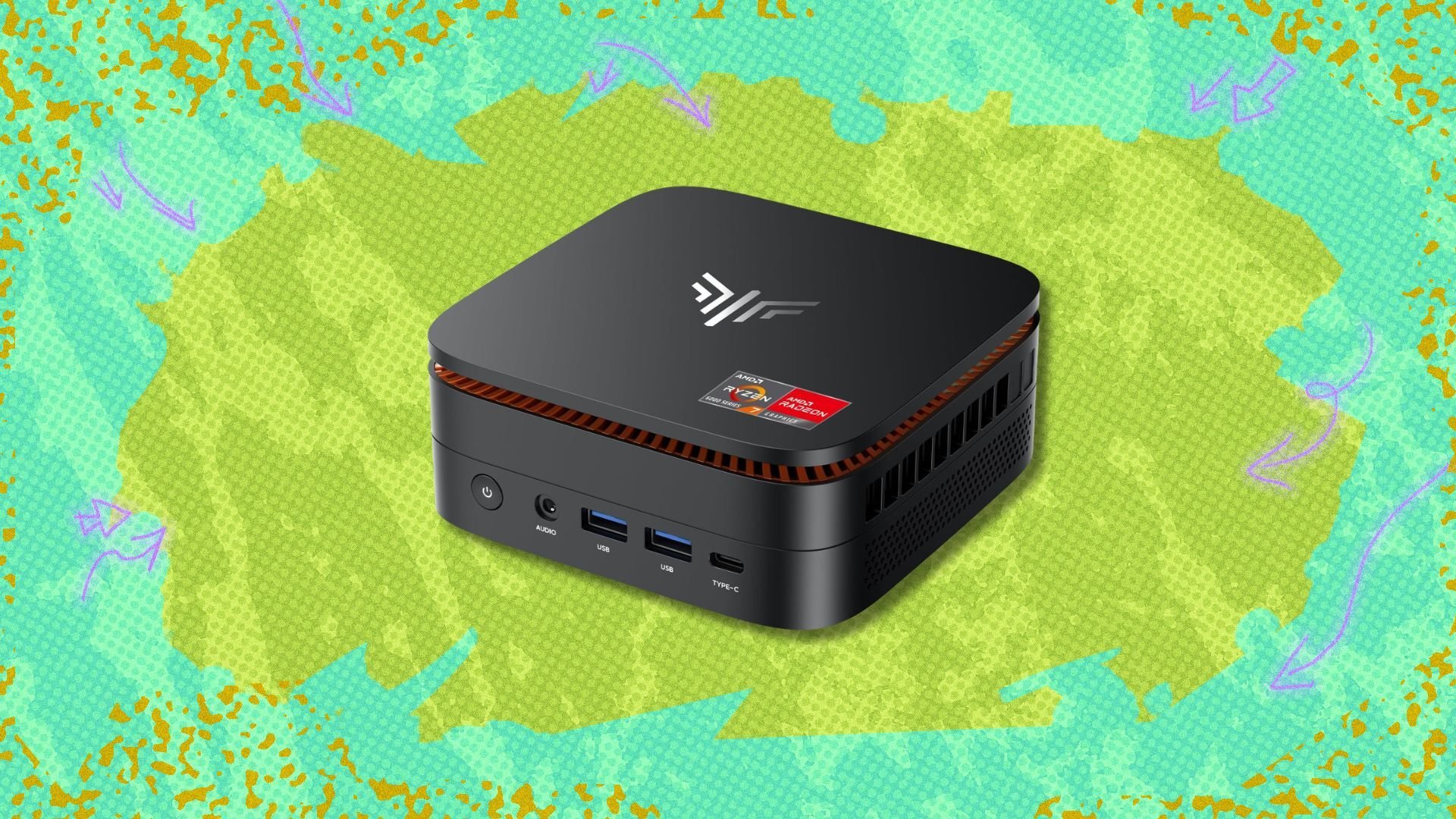 kamrui hyper h1 mini gaming pc against a green patterned background