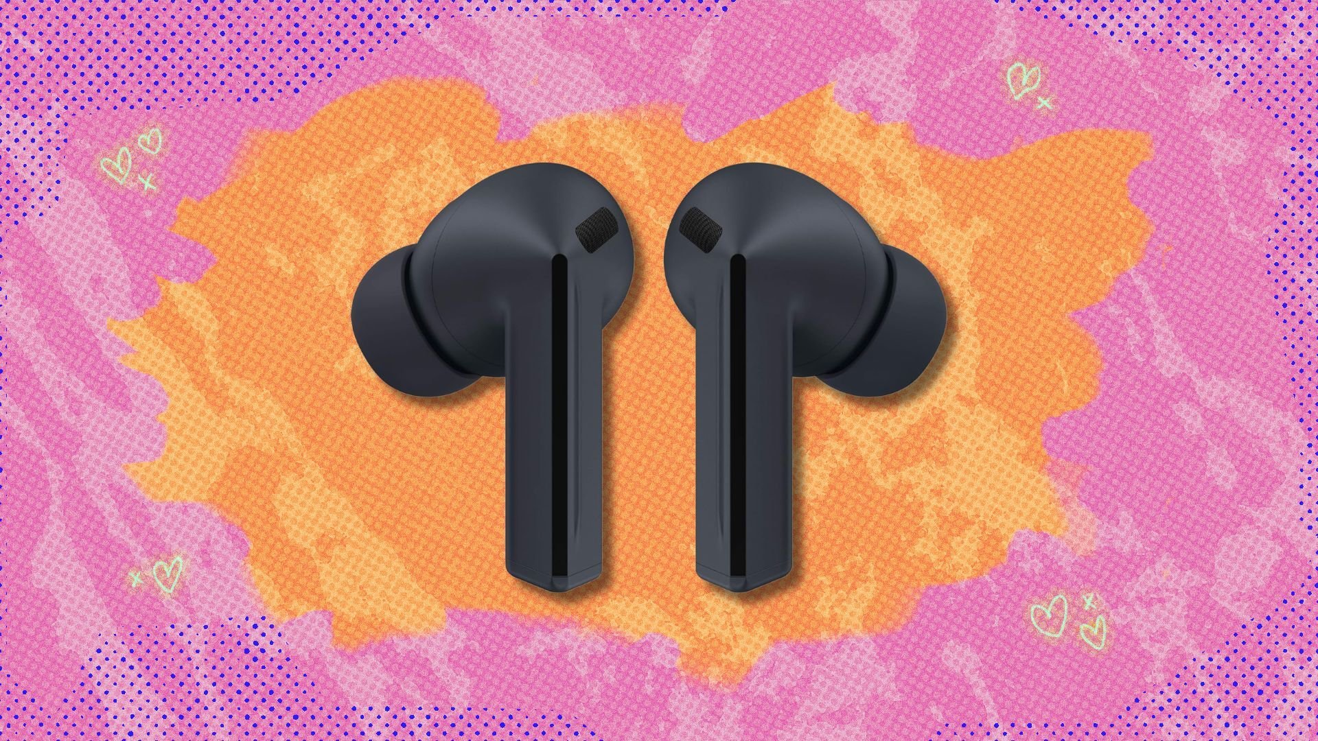 samsung galaxy buds 3 fe against a pink and orange patterned background
