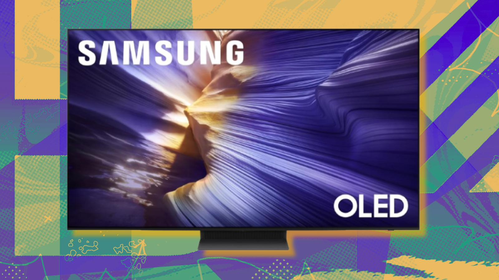 Samsung S90F TV with colorful backgorund