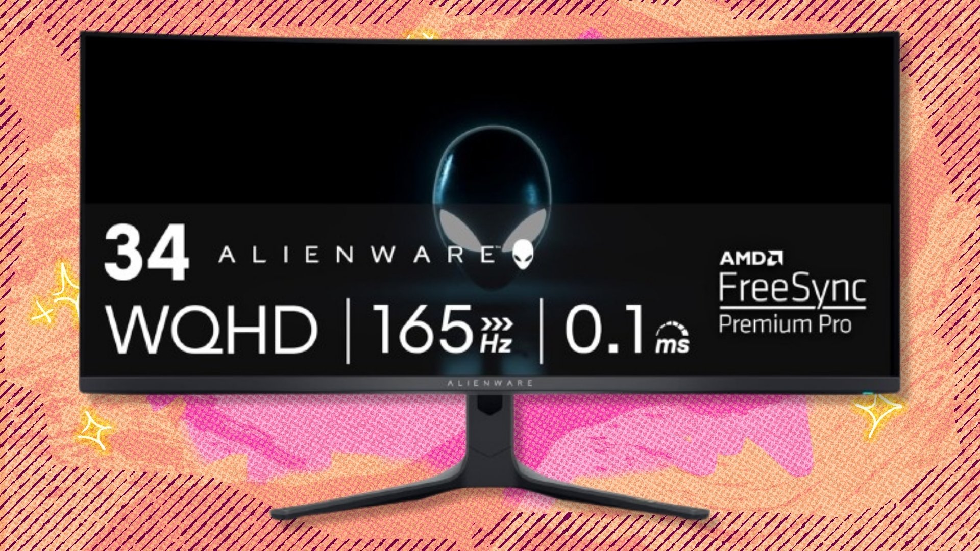 The 34-inch Alienware AW3423DWF Curved QD-OLED Gaming Monitor on a red and orange background