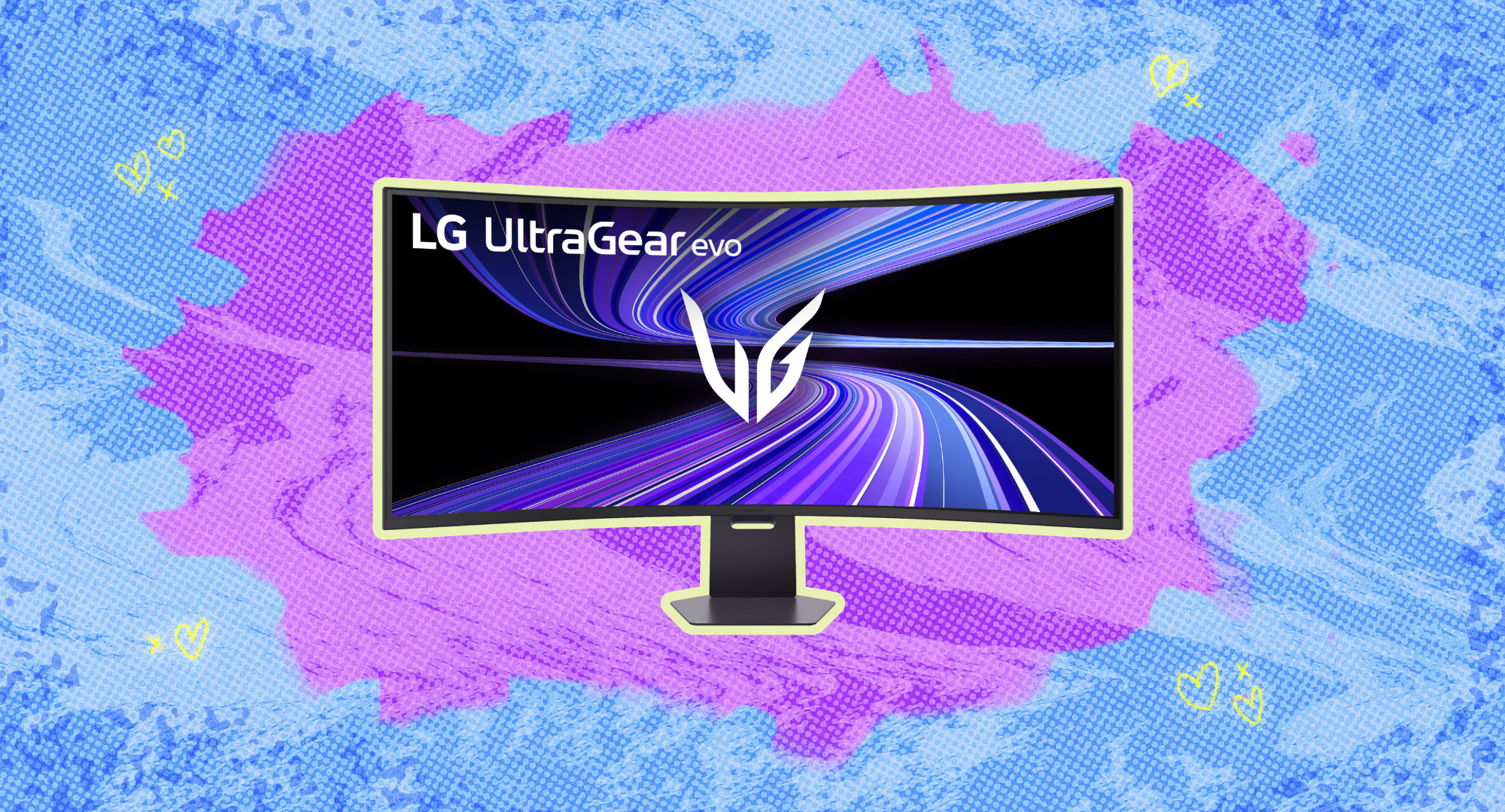 The LG UltraGear evo Curved Gaming Monitor against a colorful background.