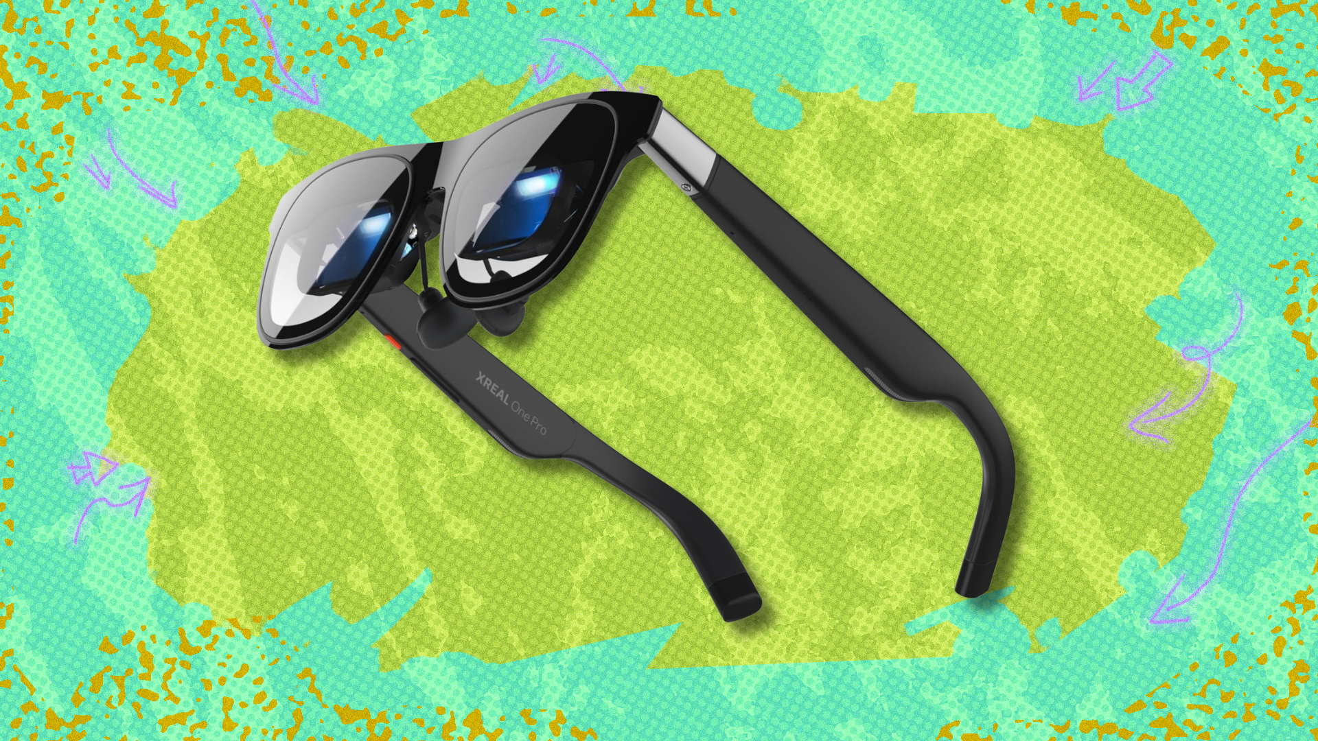 XREAL One Pro AR Glasses on lime green and mint green abstract background