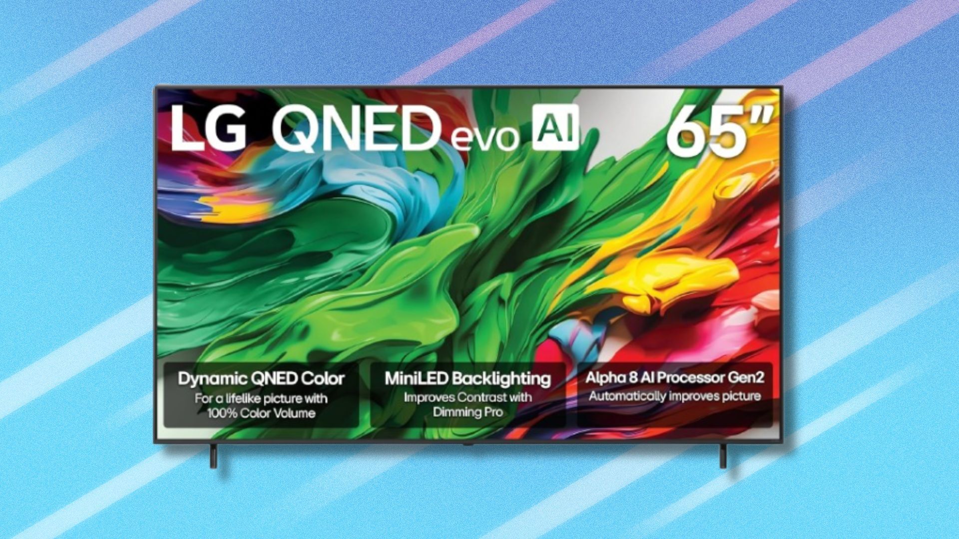 the 65-inch LG Class QNED evo 4K TV on a blue background with white diagonal stripes