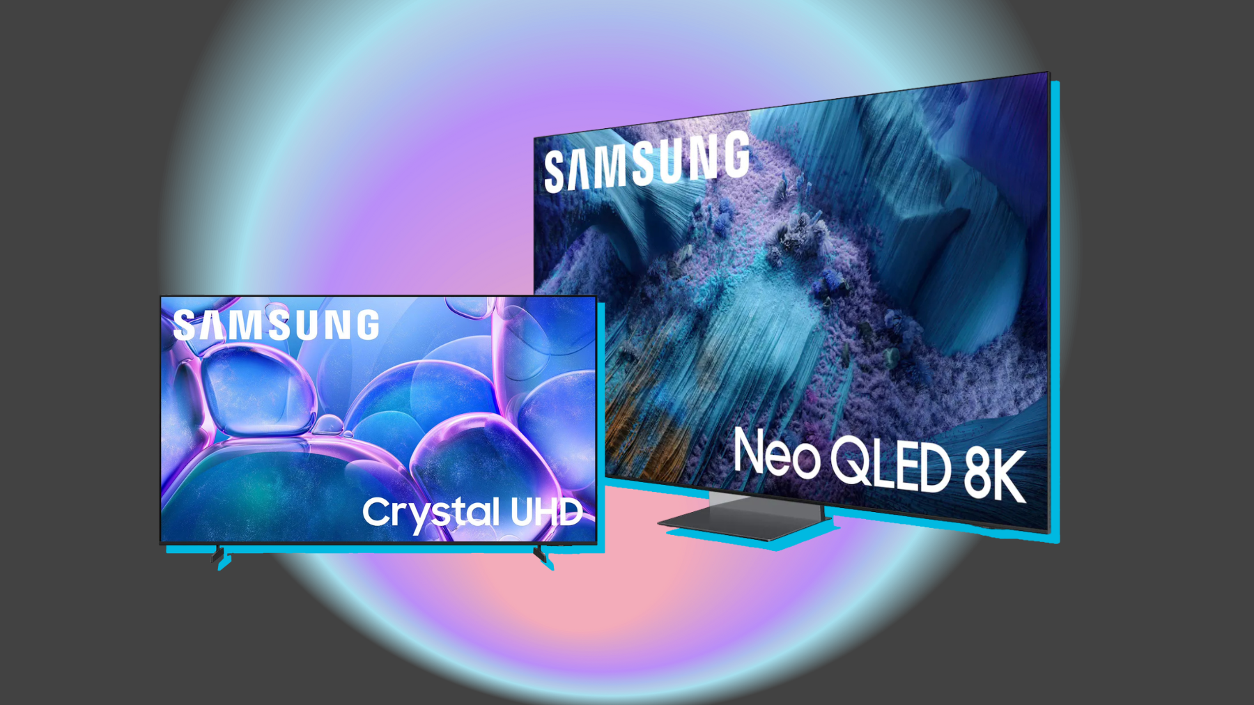 Samsung 4K TV and Neo QLED 8K TV arranged on gray backdrop with colorful pastel drop in middle