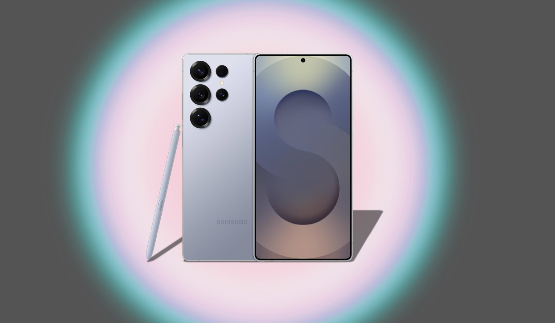 Samsung Galaxy S25 Ultra phone and stylus on pastel circle backdrop
