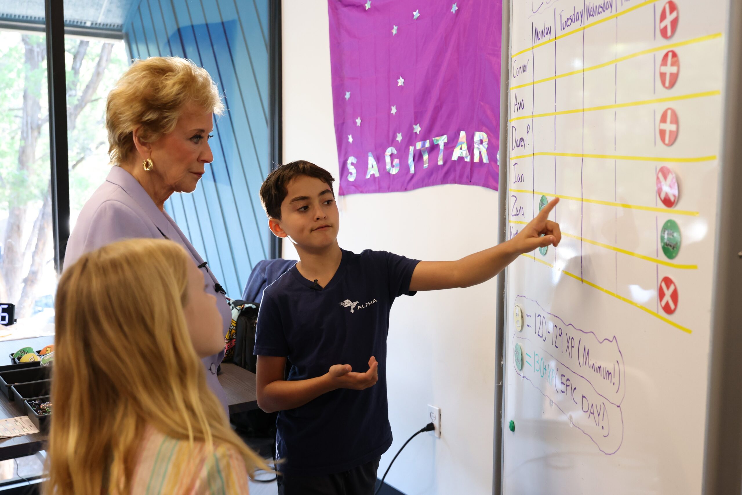 Two children point to a whiteboard, speaking to Secretary of Education Linda McMahon.