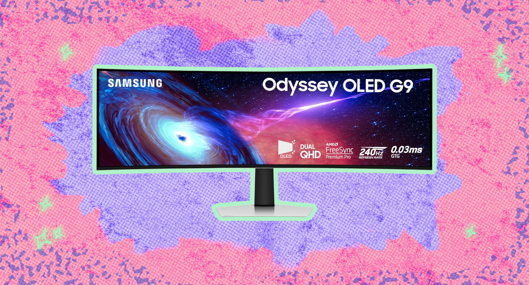 The Samsung Odyssey G93SC against a colorful background. 