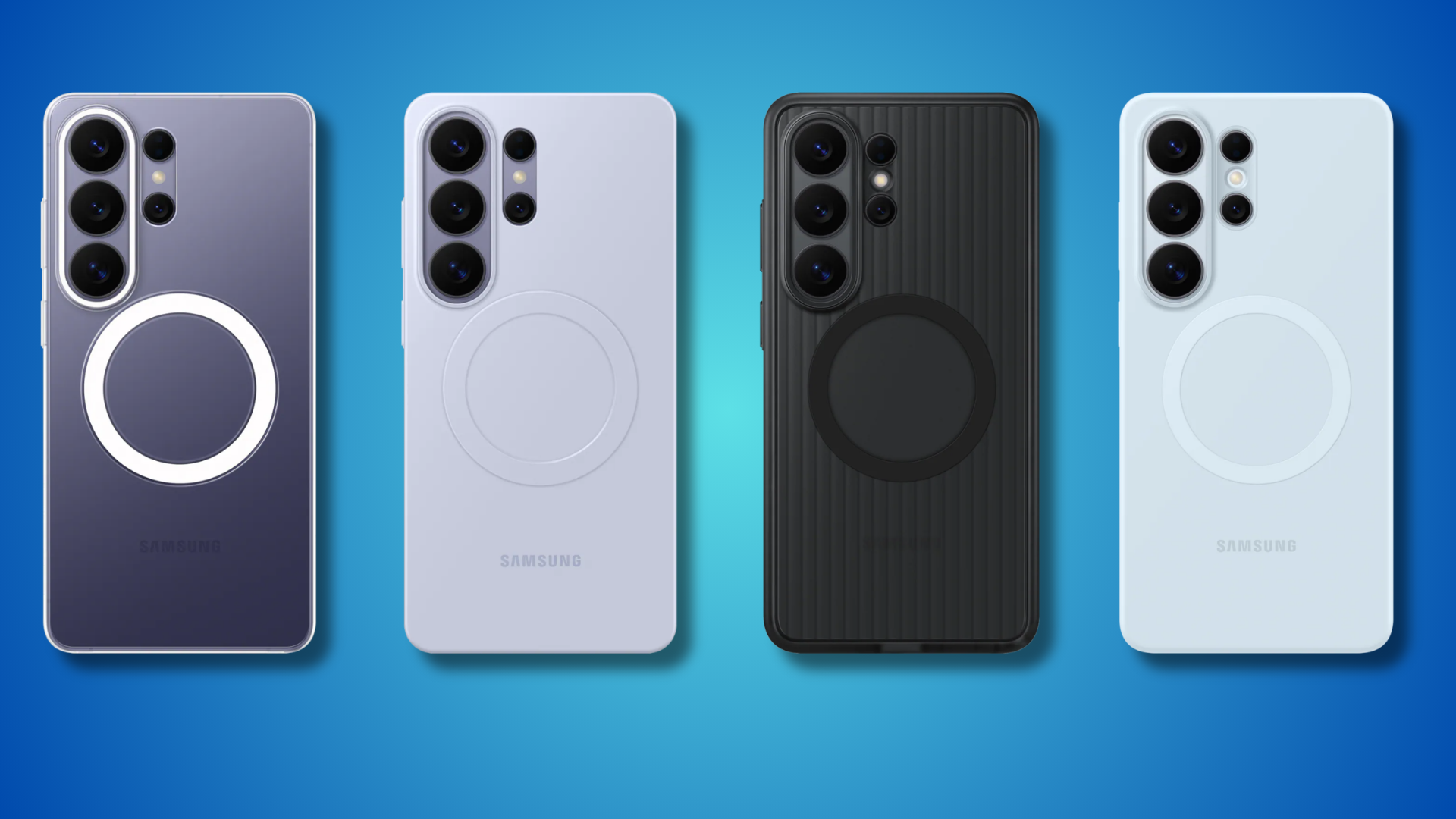 Four Samsung Galaxy S26 phone cases on a colorful background