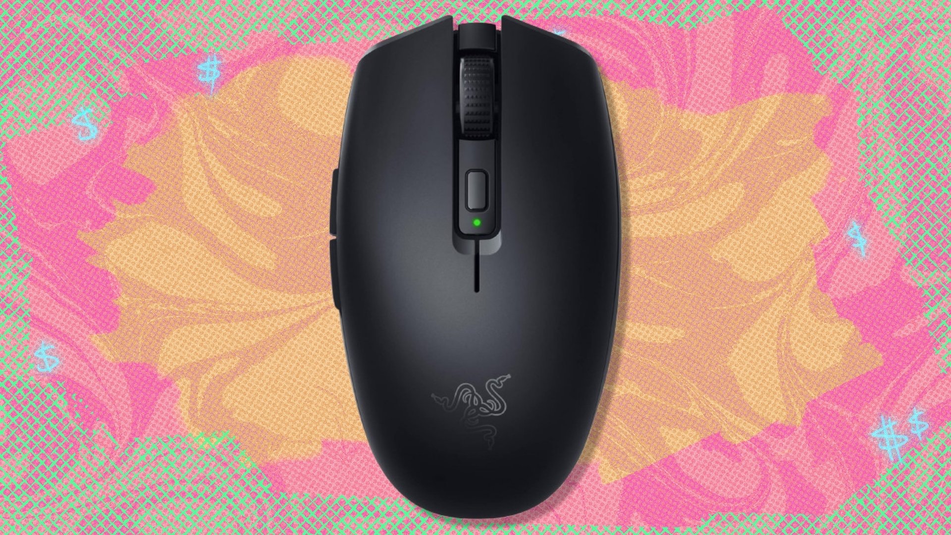 The Razer Orochi V2 Mobile Wireless Gaming Mouse on a green, red, and orange background