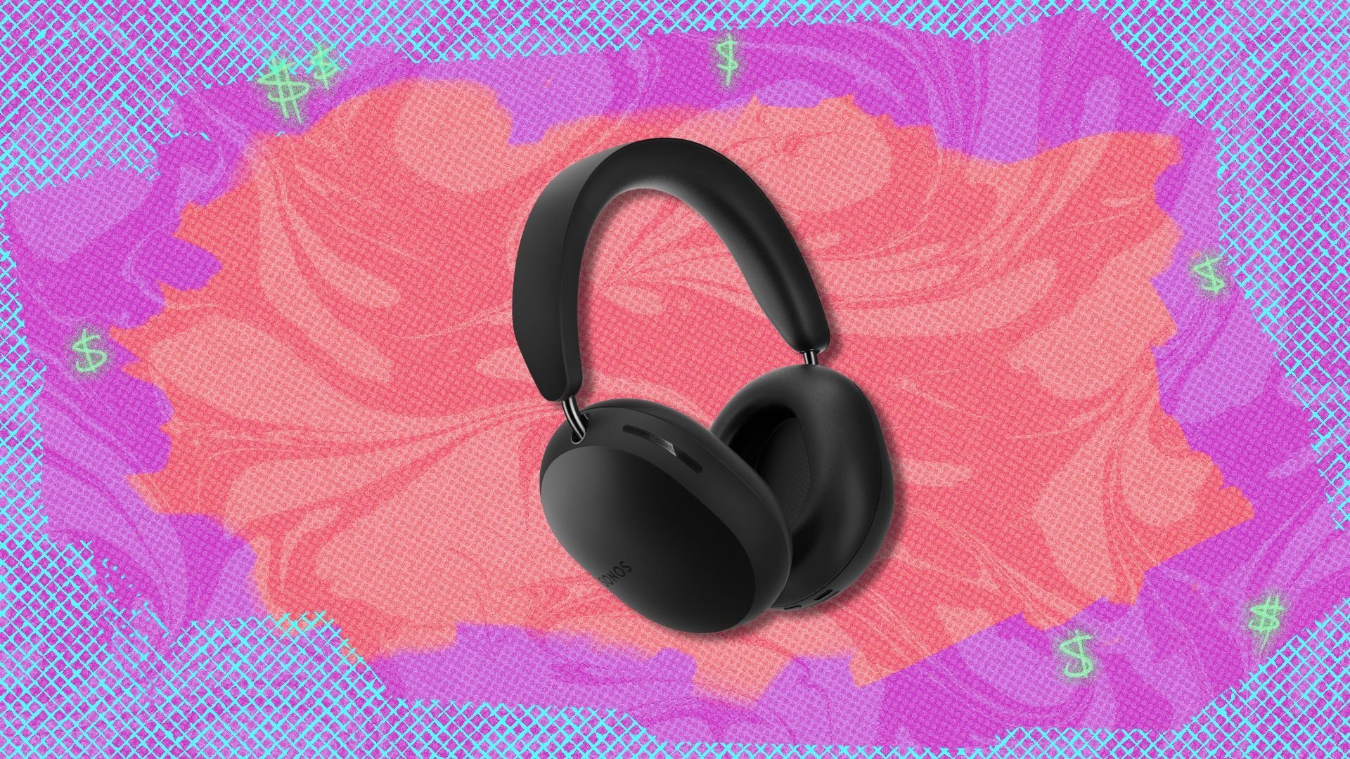 sonos ace headphones against a blue, purple, and red patterned background