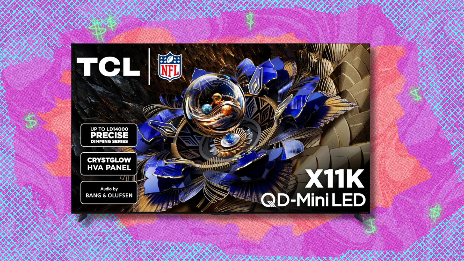 TCL 98-Inch Class X11K Series QD-Mini TV on pink and purple abstract background