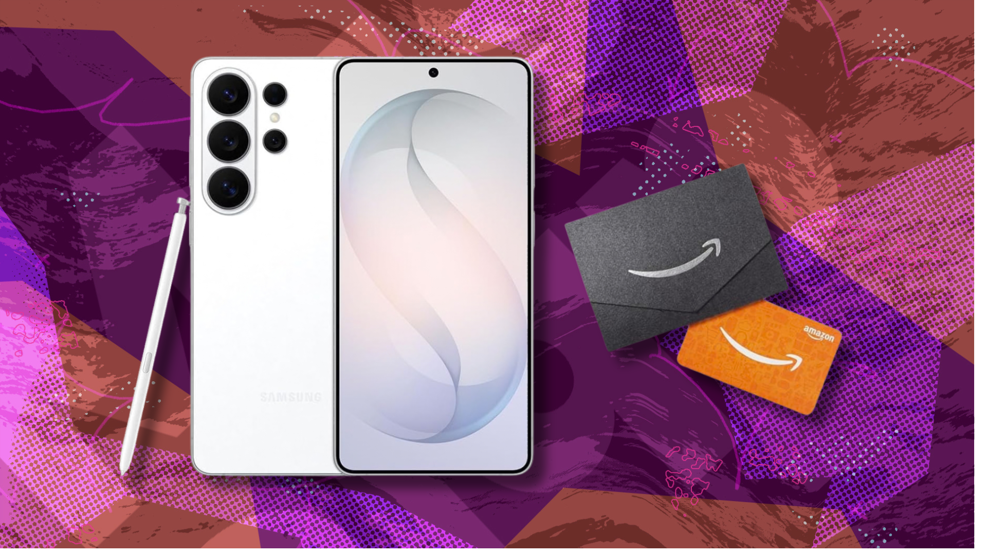 A Samsung Galaxy S26 Ultra and an Amazon gift card on a colorful background