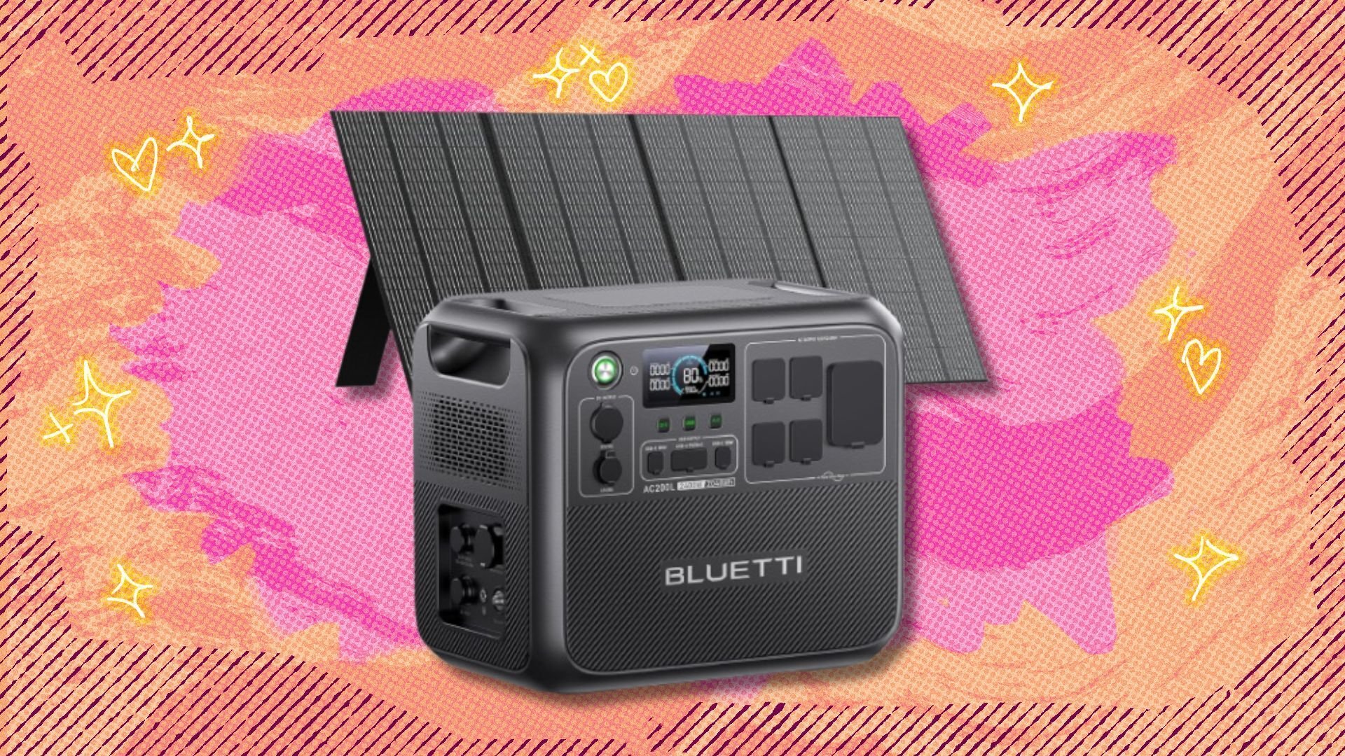 the Bluetti AC200L portable power station with a solar panel behind sit on a pink and orange background
