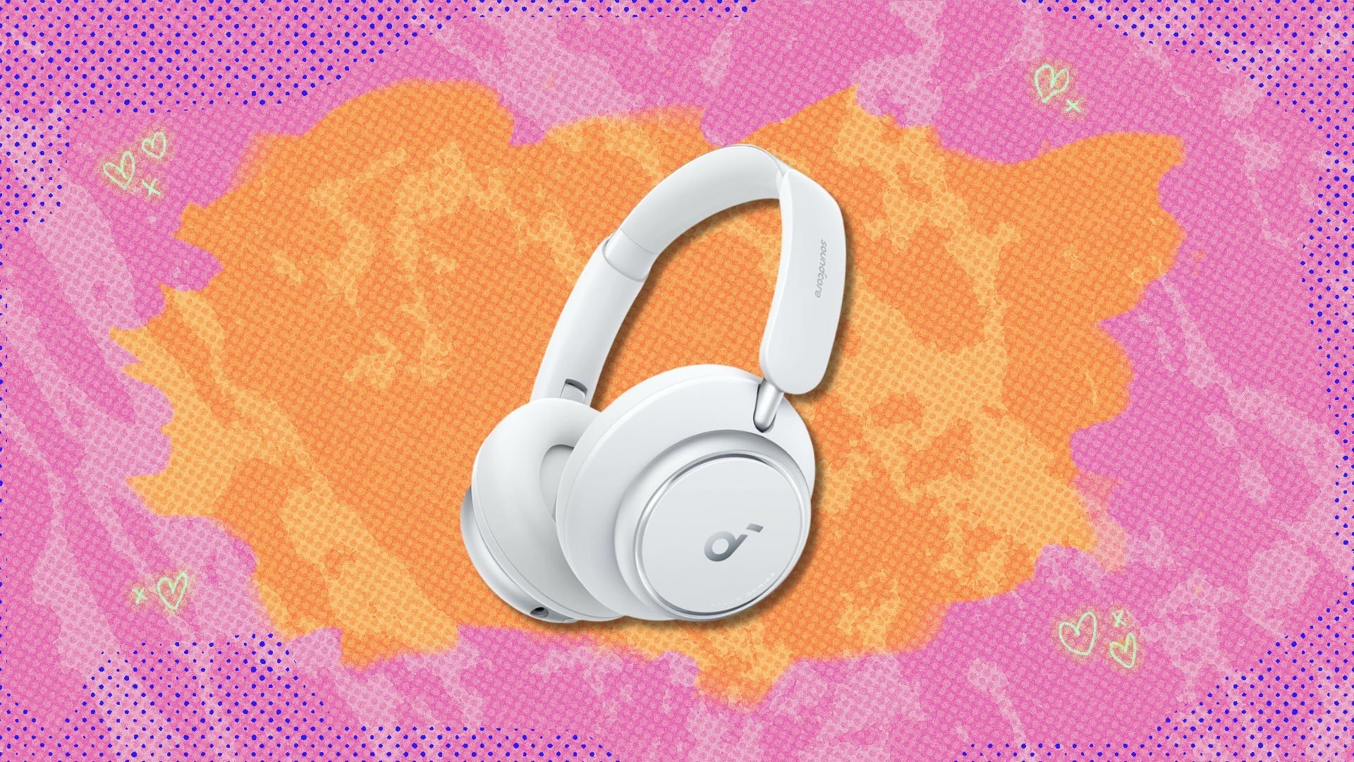 soundcore by anker space q45 headphones against a pink and orange patterned background