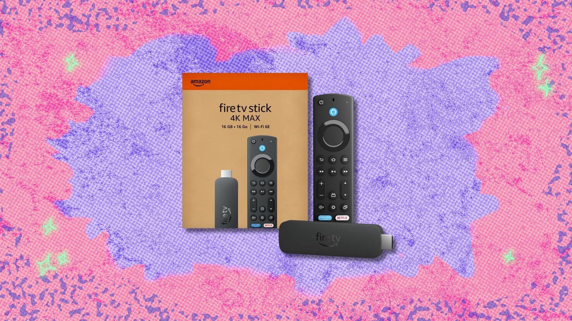 fire tv stick 4k max and box against a pink and purple patterned background