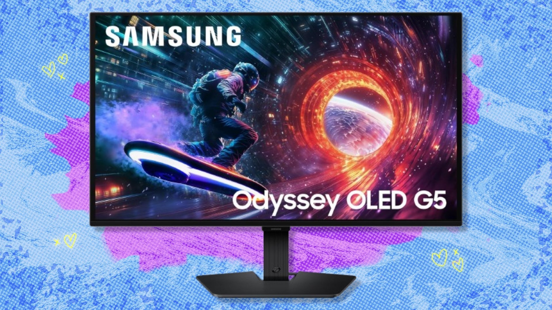 The Samsung 27-inch Odyssey QD-OLED G5 gaming monitor (G50SF) on a blue and purple background