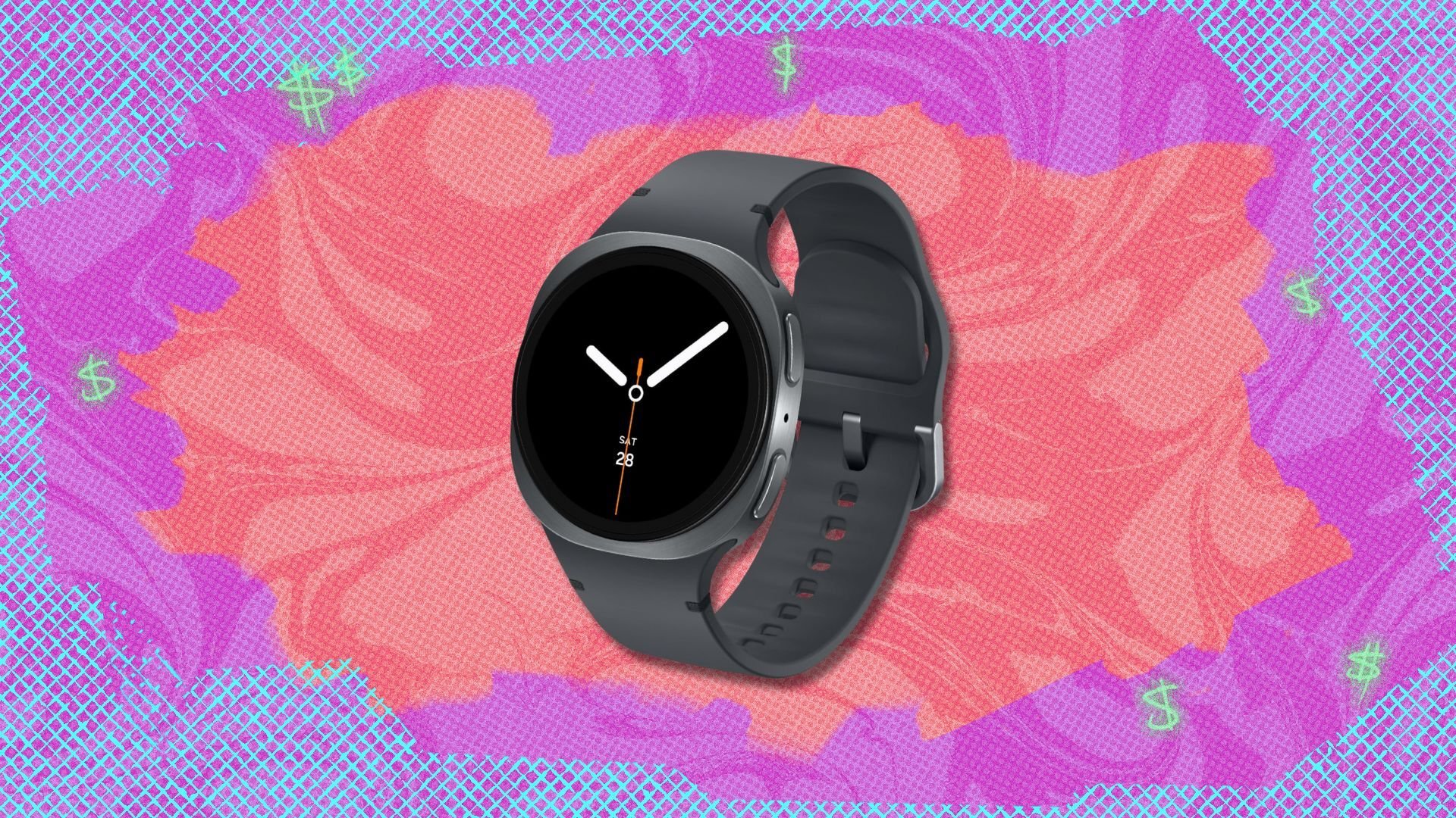 samsung galaxy watch 8 against a red, purple, and blue patterned background