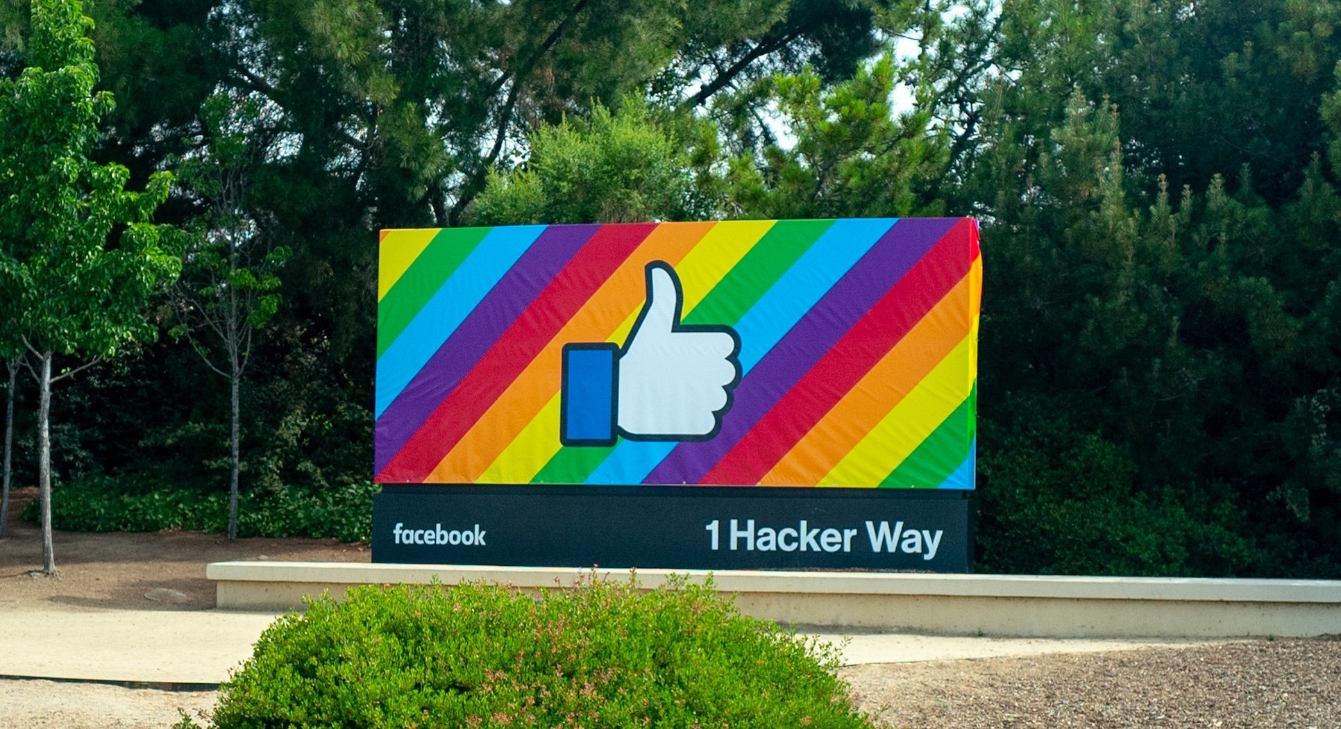The Facebook HQ sign in Pride colors.