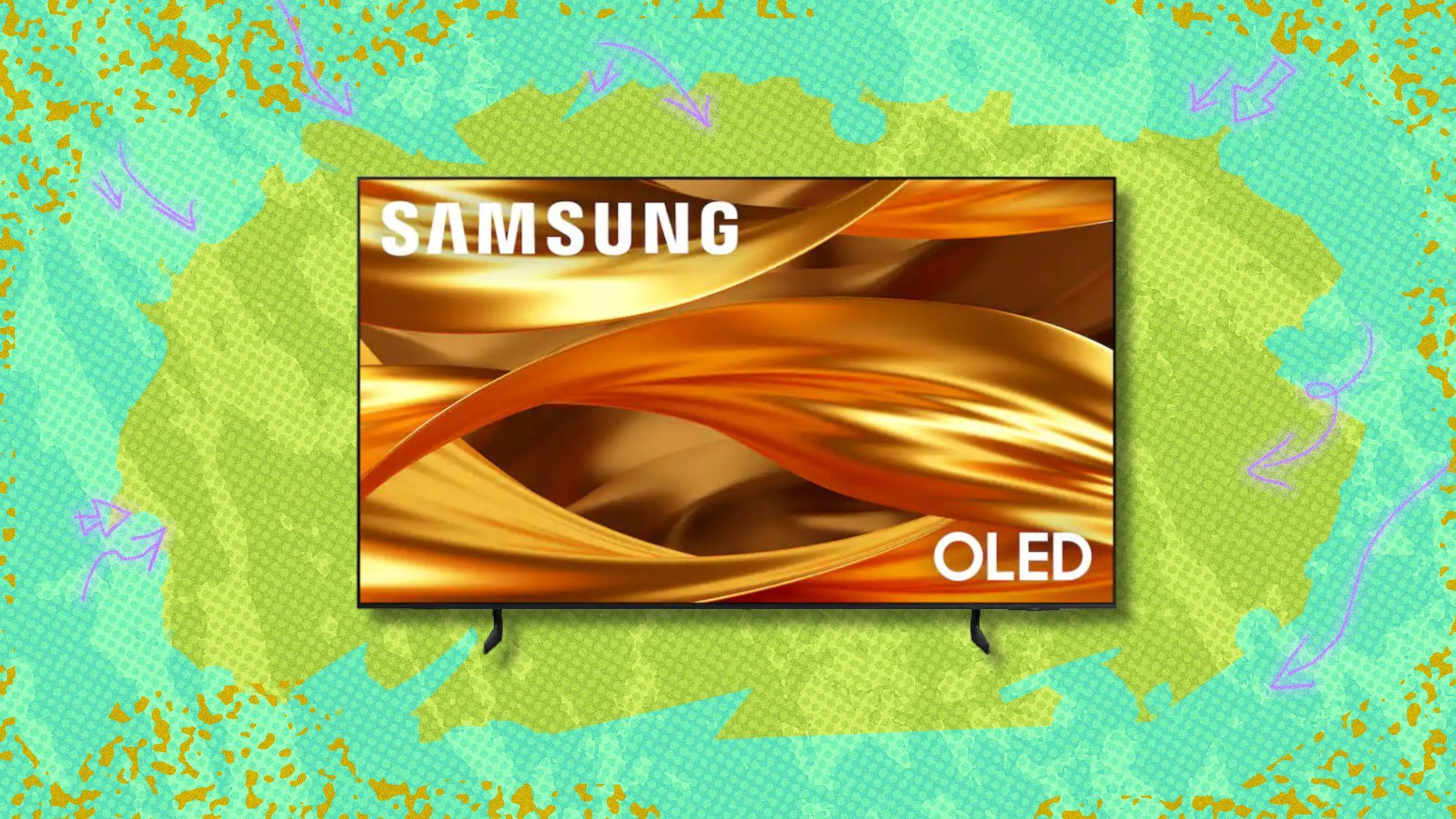 samsung 65-inch class s84f oled 4k tv against a green patterned background
