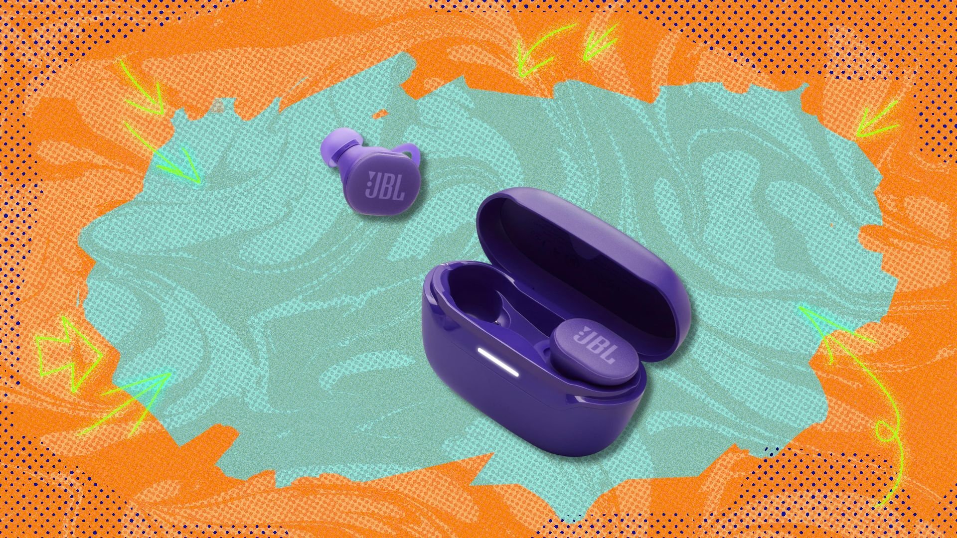 jbl endurance race 2 earbuds against an orange and blue patterned background