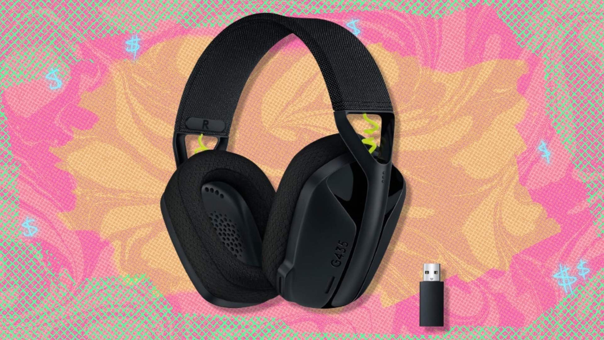 The Logitech G435 Lightspeed & Bluetooth Wireless Gaming Headset on a green, orange, and red background