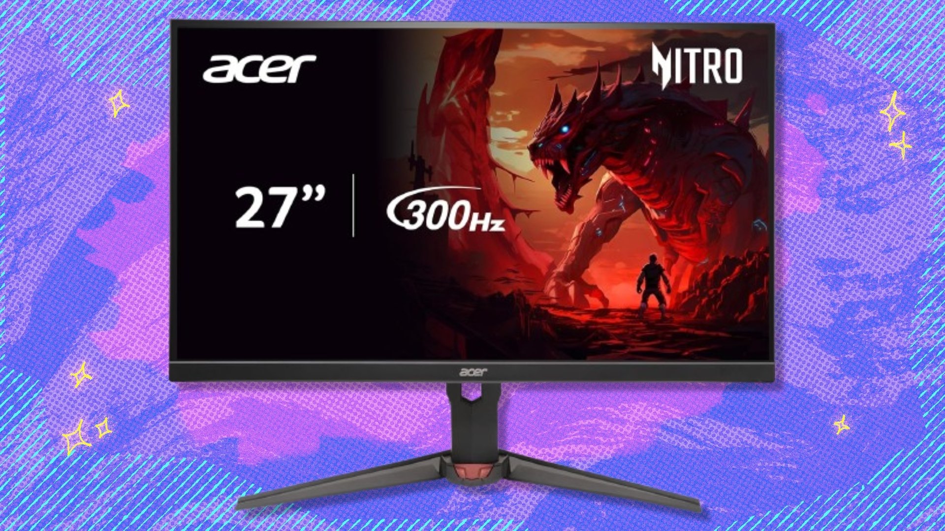 The 27-inch Acer Nitro WQHD gaming monitor on a purple background