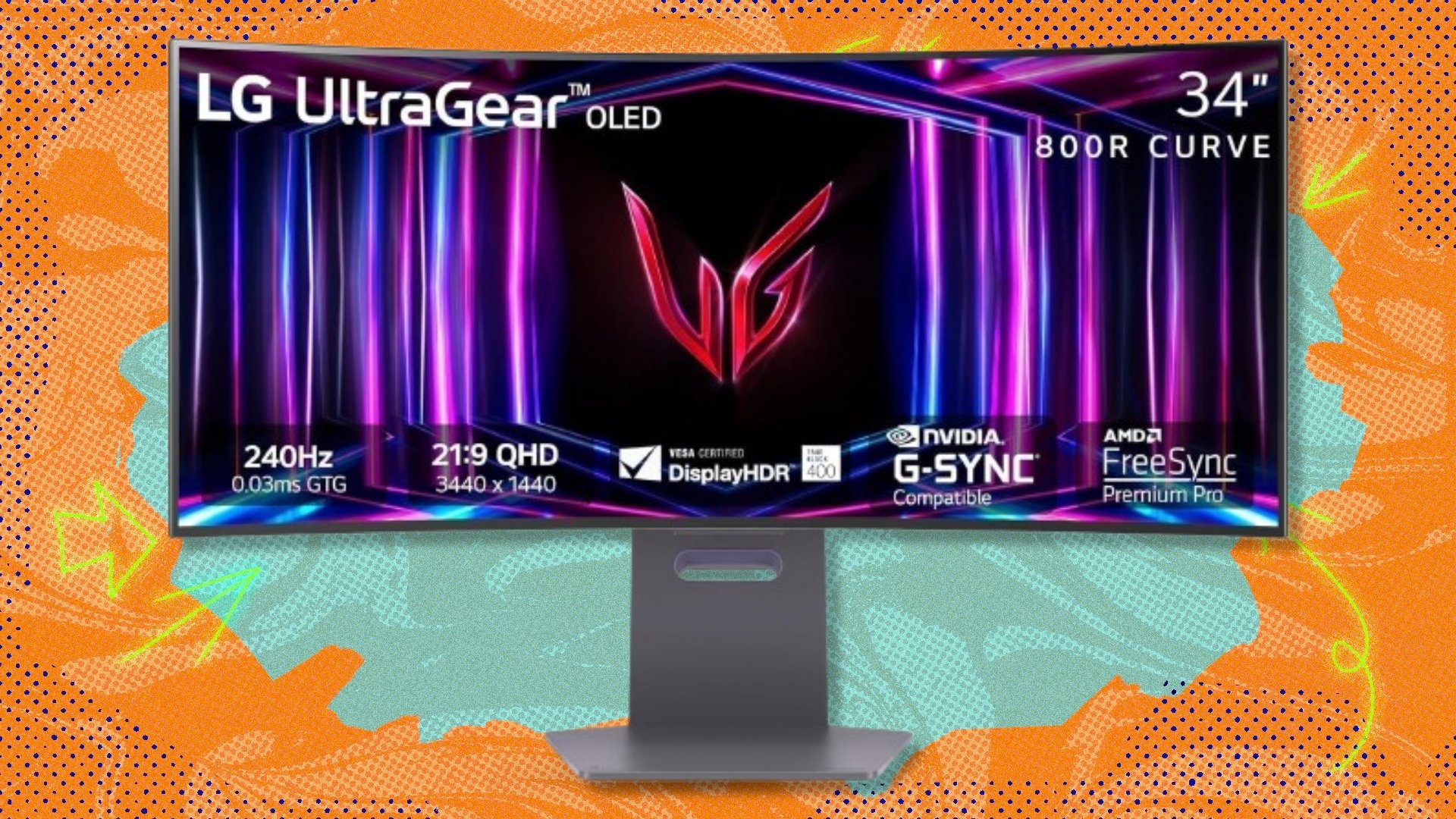 The 34-inch LG Ultragear OLED gaming monitor (34GS95QE) on a green and orange background