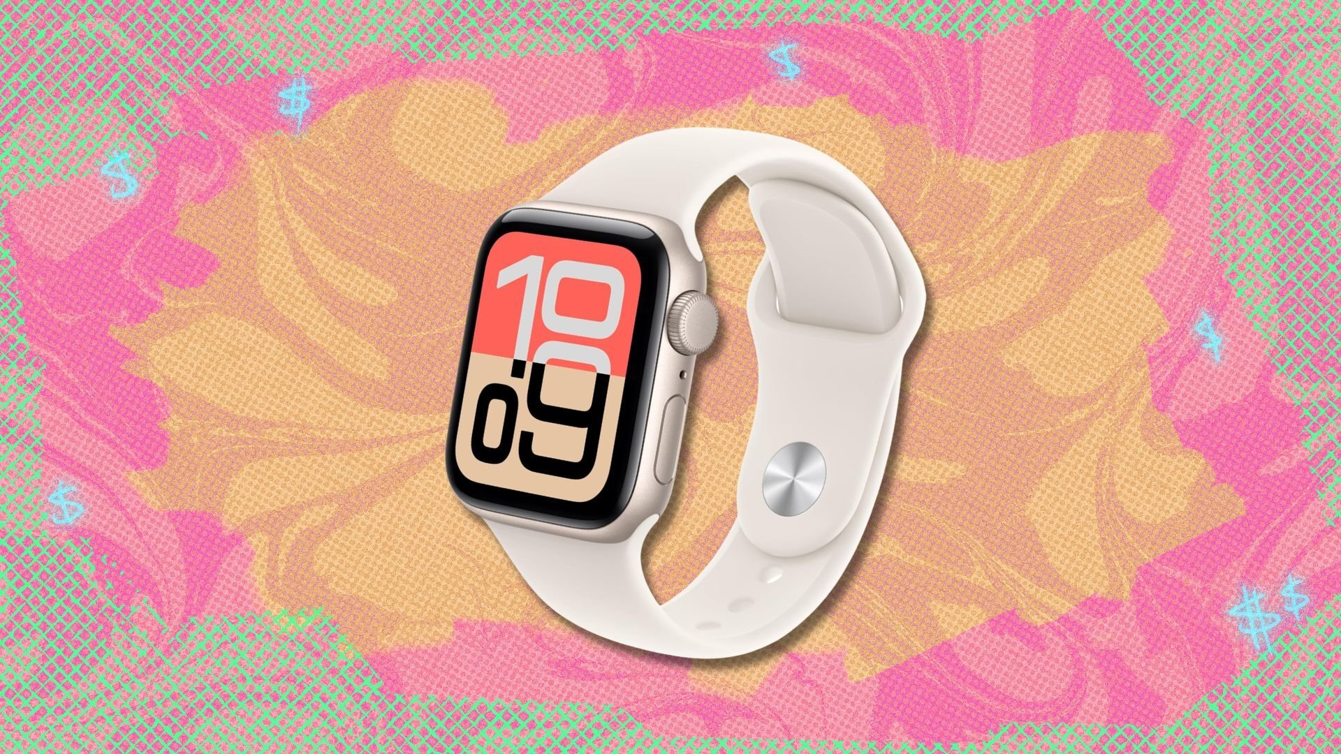 apple watch se 3 against a pink, yellow, and green patterned background