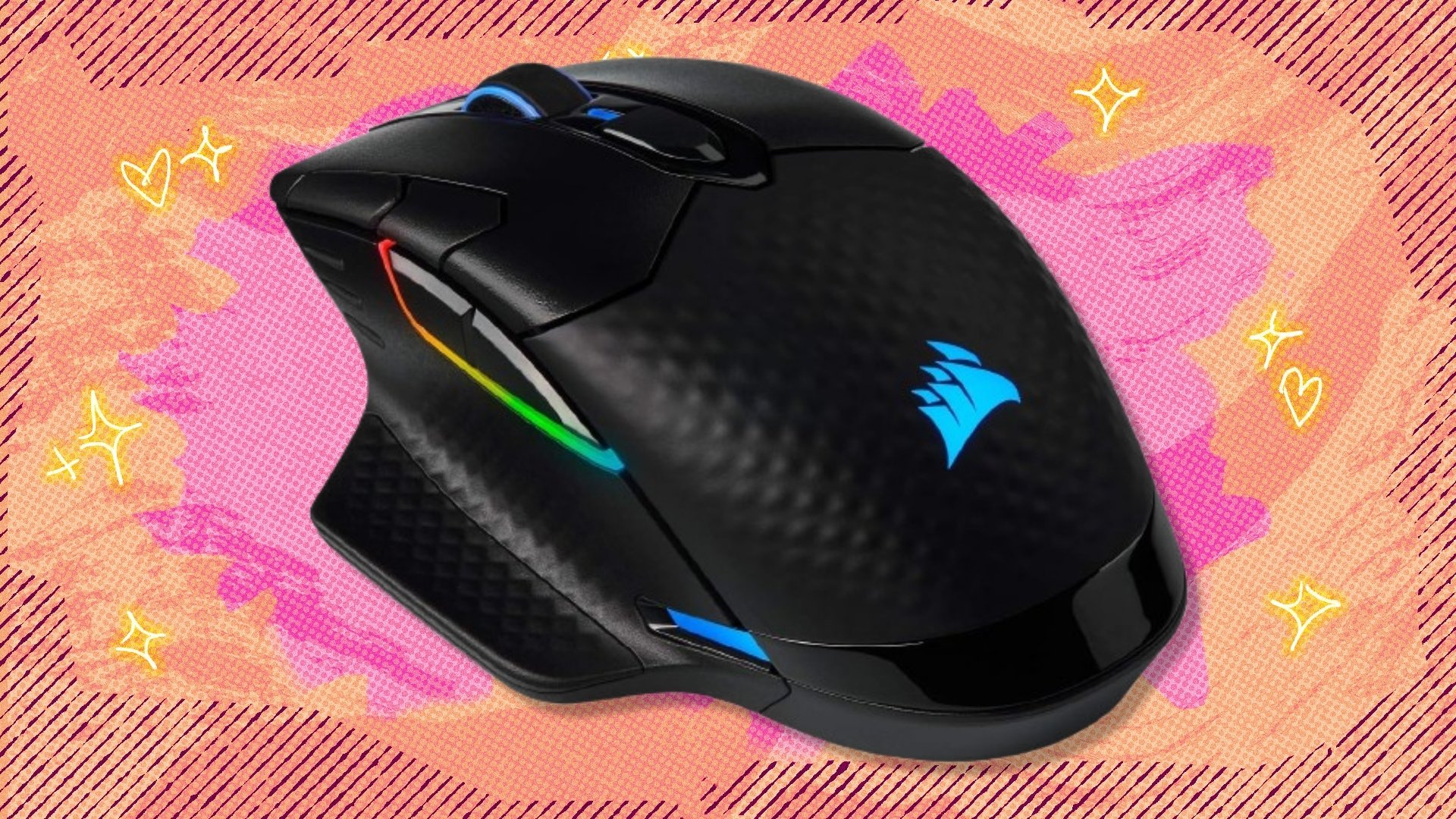 The Corsair Dark Core RGB Pro SE wireless gaming mouse on a red and orange background