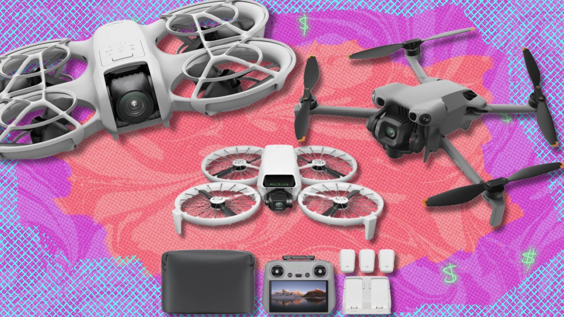 three DJI drones on a pink, purple, and coral colored background
