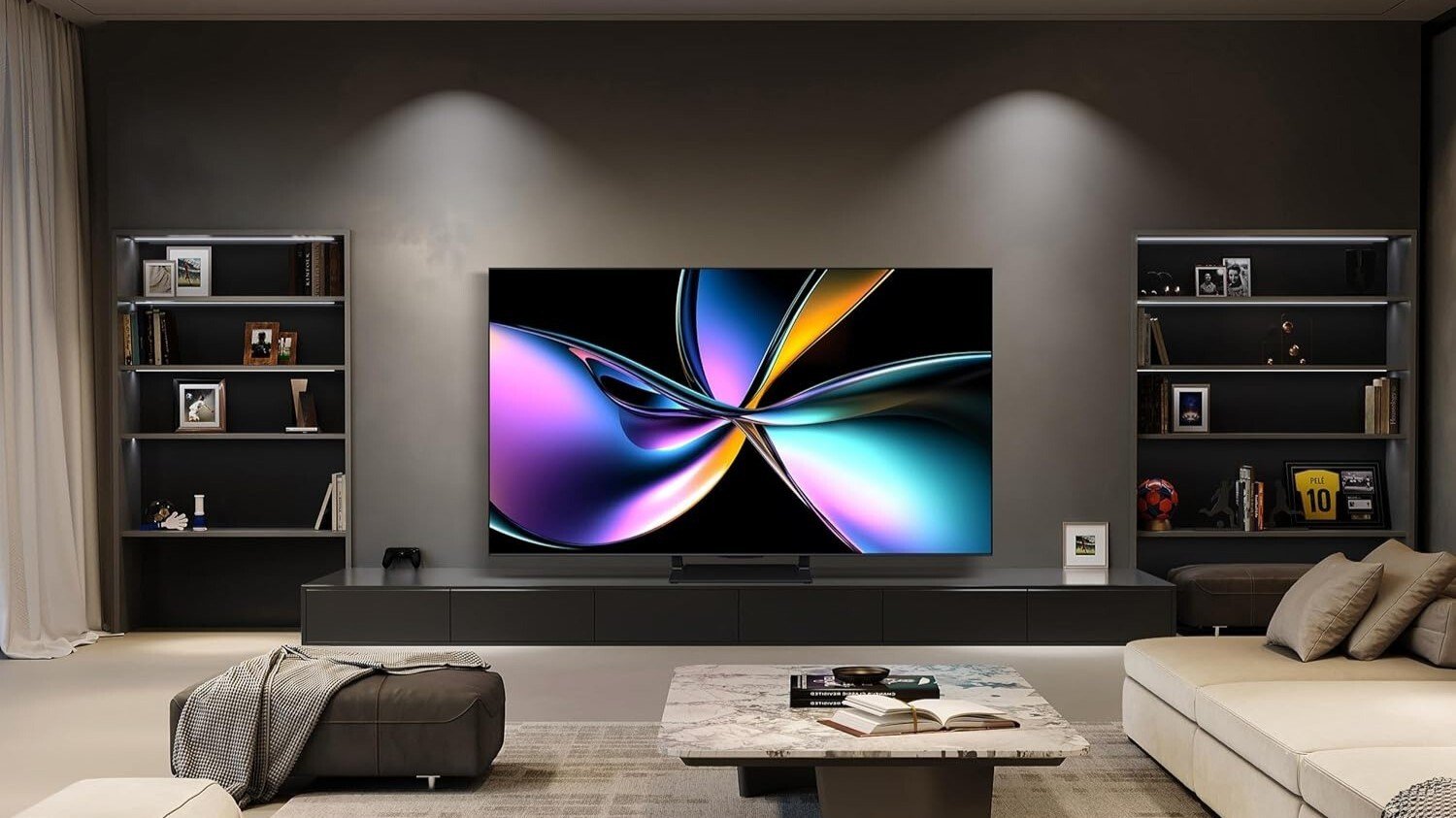 the 75-inch U7 hisense TV mounted on the wall in a dark room