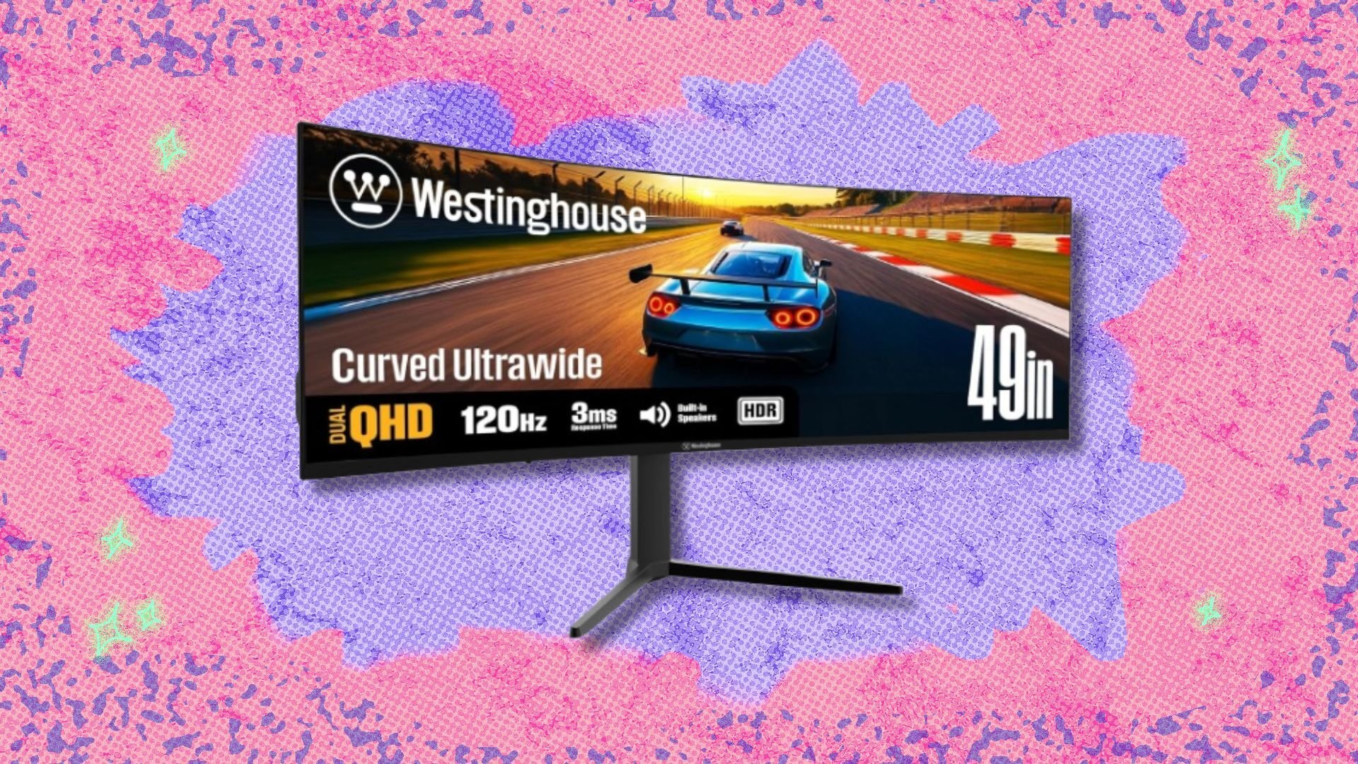 the 49-inch curved westinghouse gaming monitor on a pink and purple background