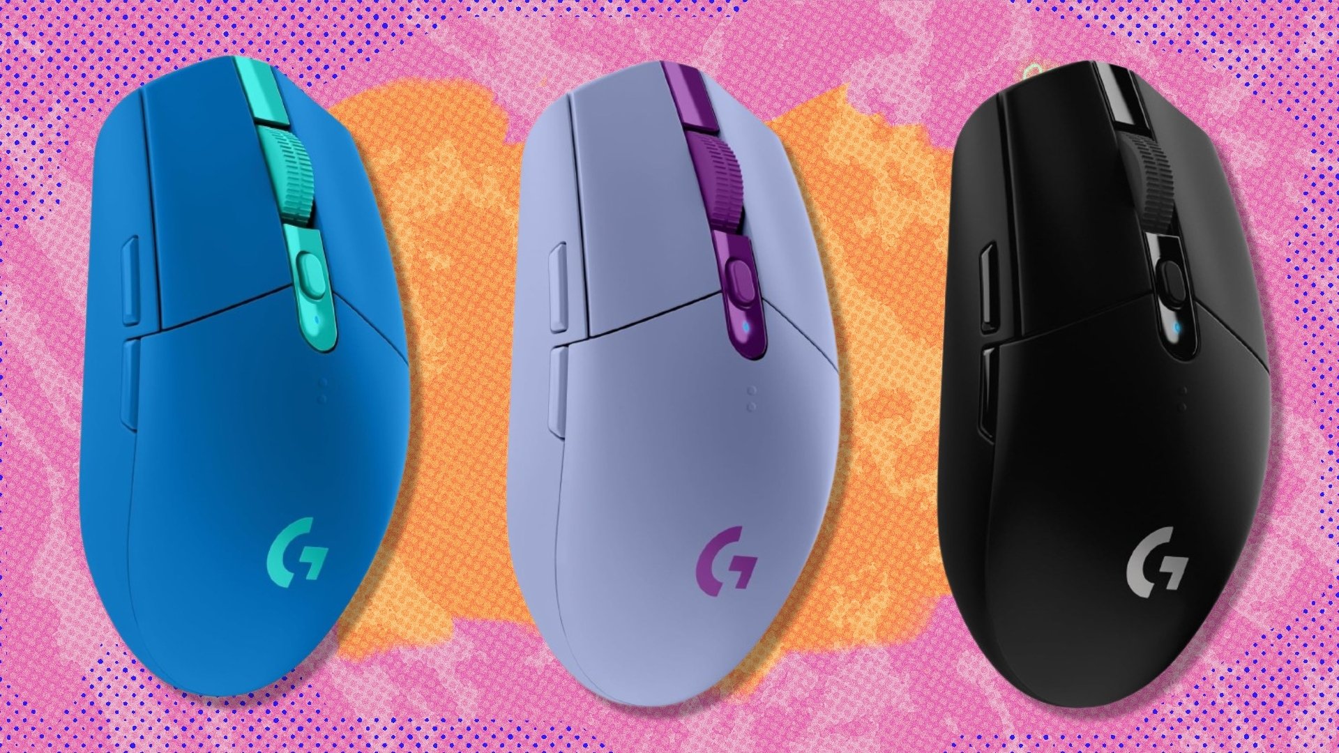 The blue, lilac, and black models of the Logitech G305 Lightspeed Wireless Gaming Mouse on a red and orange background