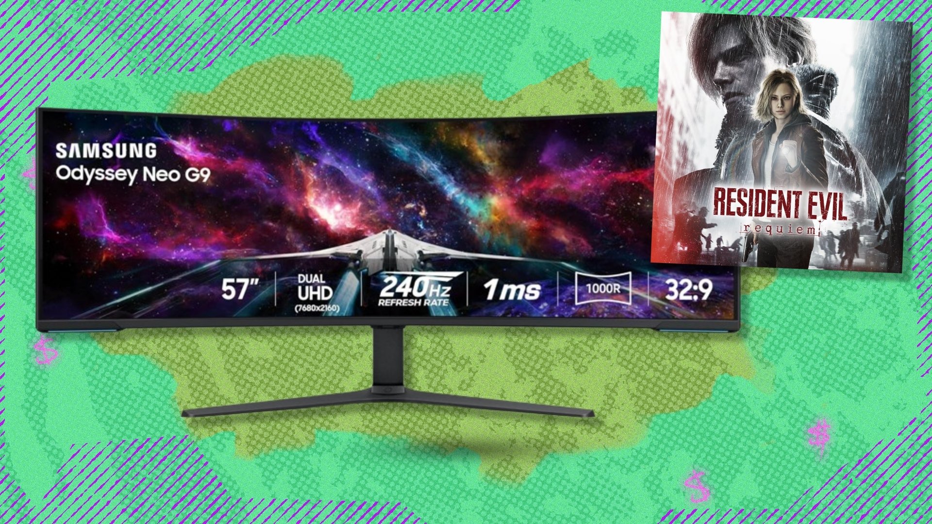 The 57-inch Samsung Odyssey Neo G9 (G95NC) gaming monitor and cover art for Resident Evil Requiem on a green and purple background