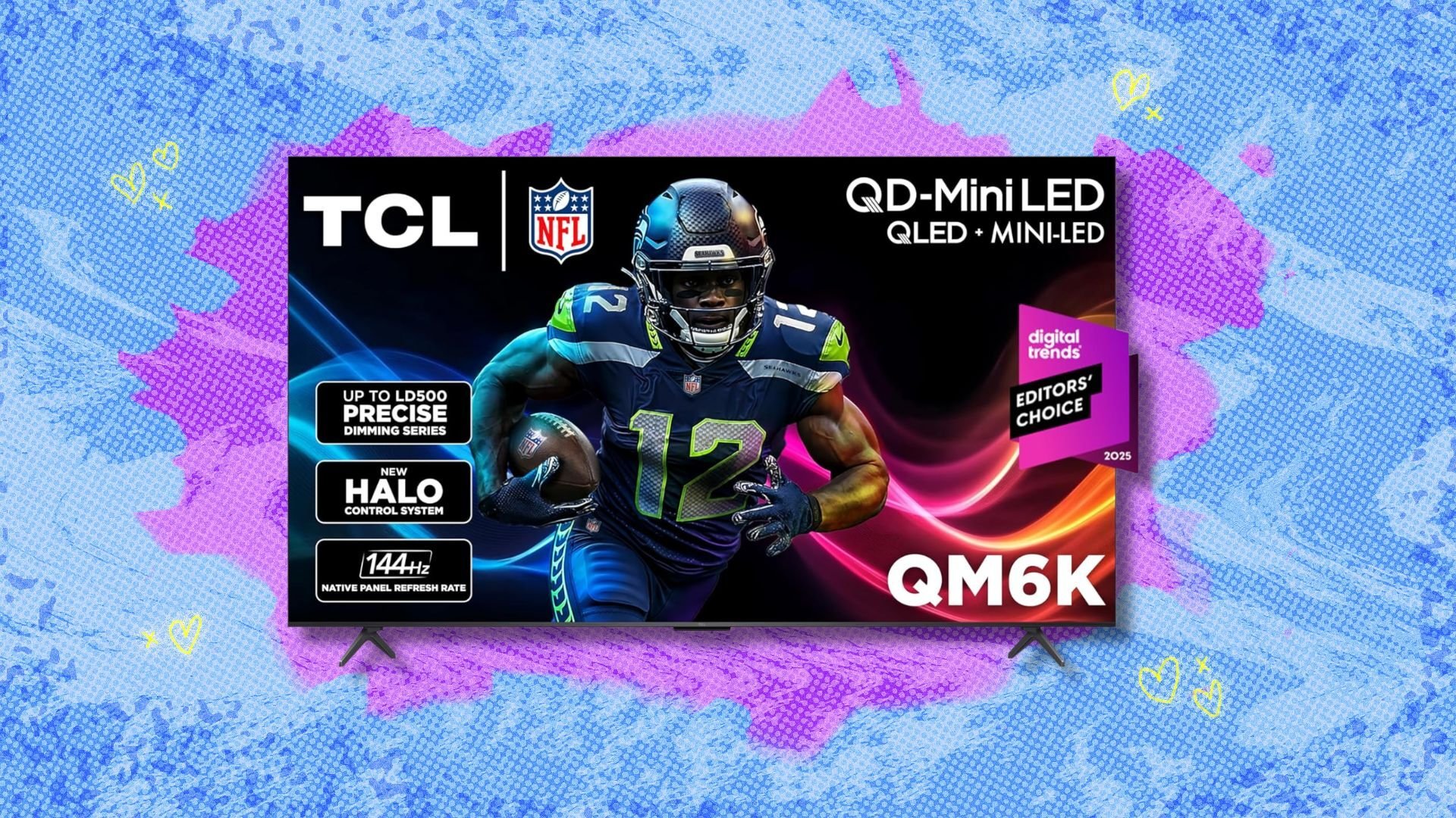 tcl 75-inch class qm6k mini led qled 4k tv against a blue and purple patterned background
