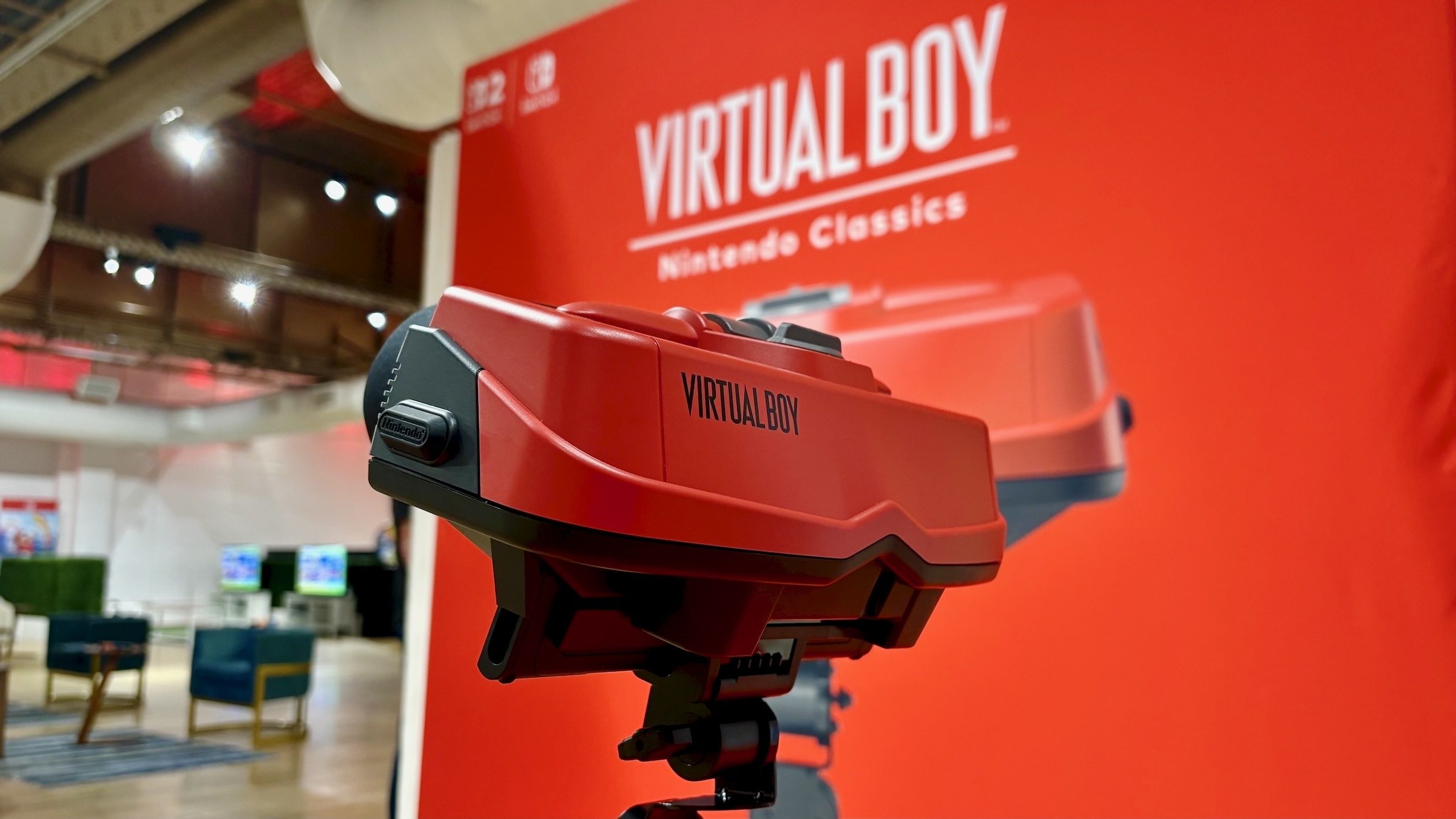 Nintendo Switch Virtual Boy peripheral in front of display background