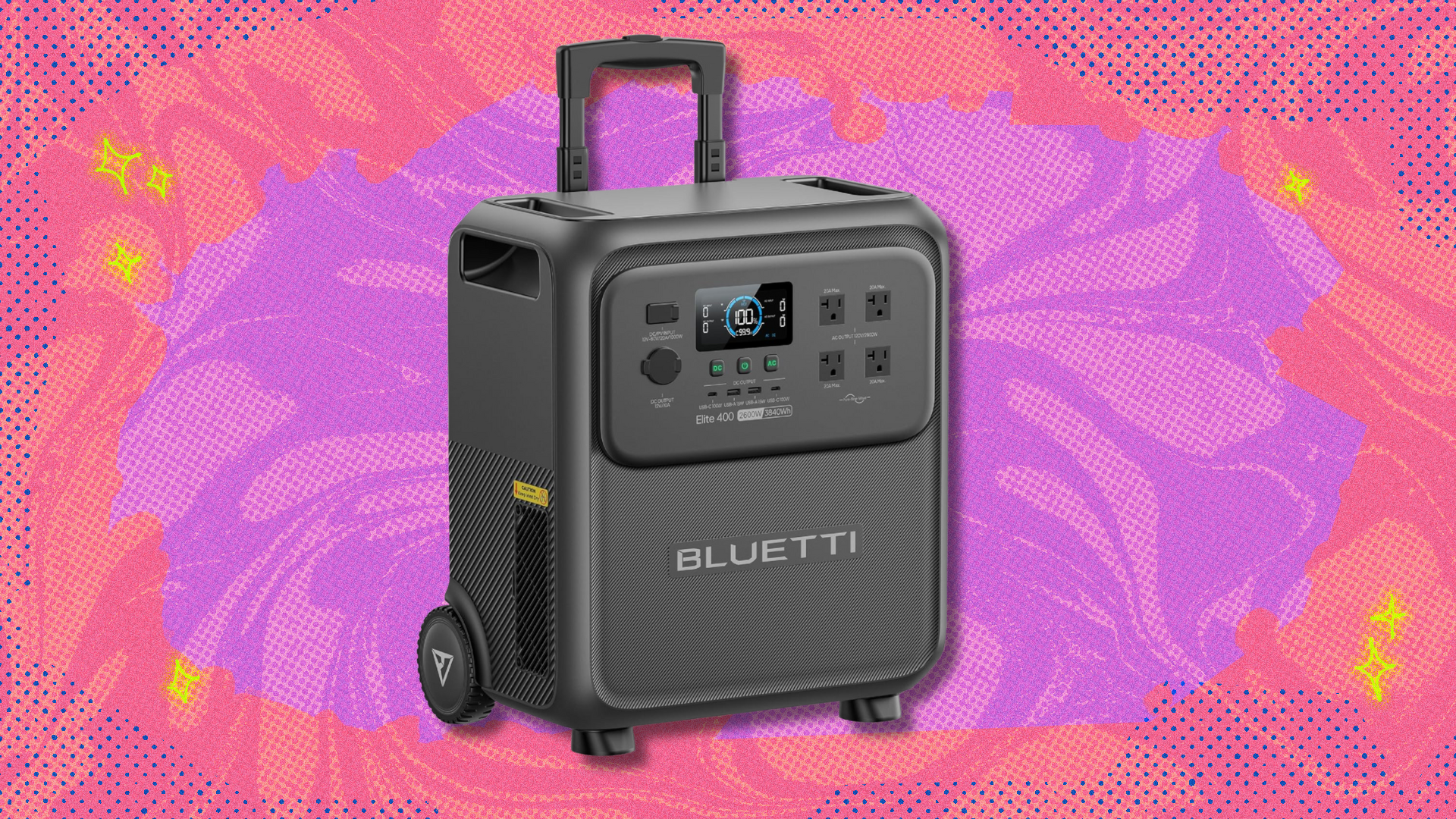 Bluetti Elite 400 portable power station on pink and purple abstract background