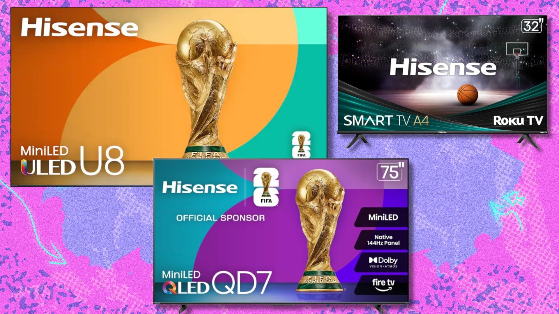 three Hisense TVs arranged on a pink and purple background