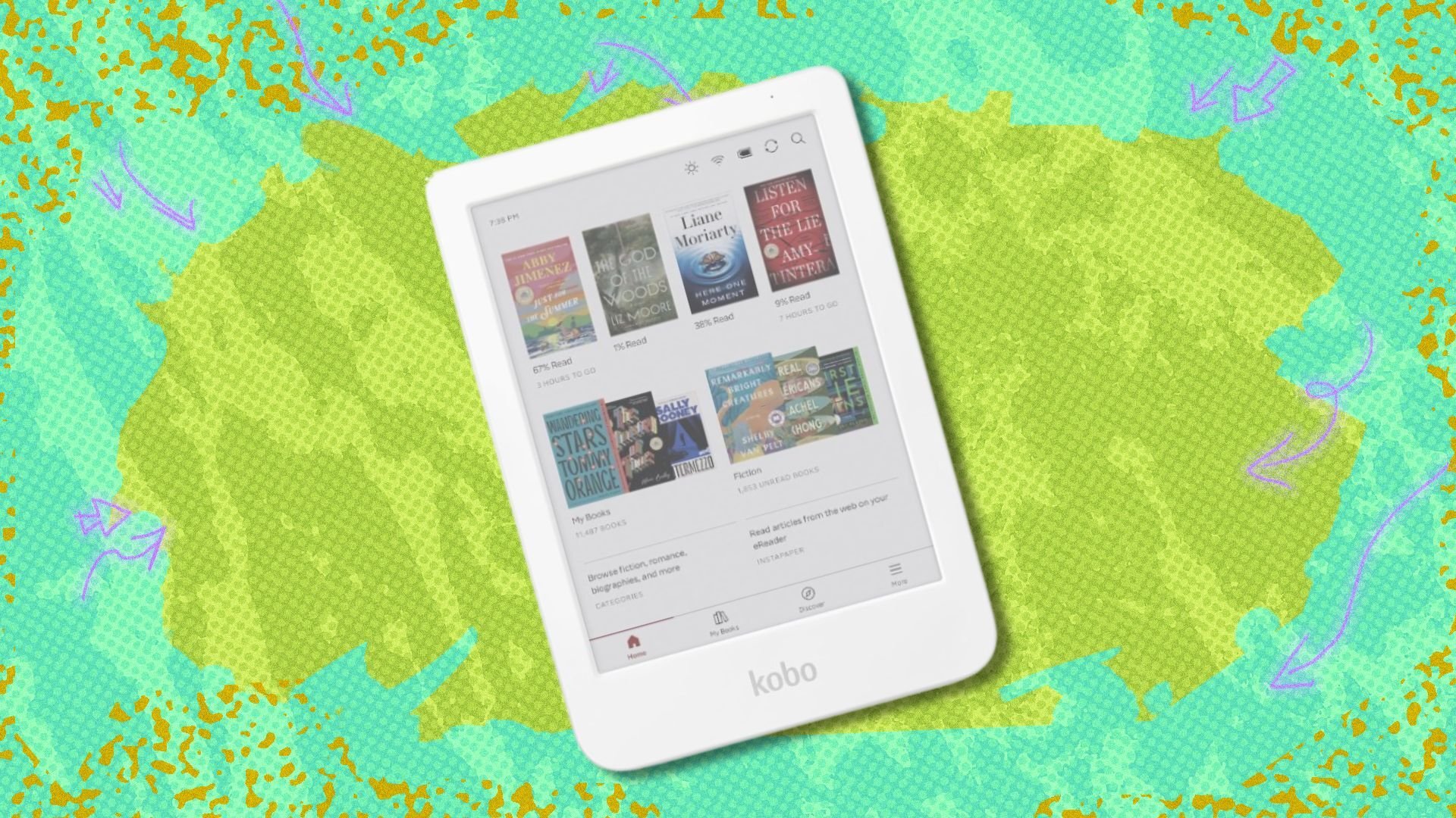 the Kobo Clara Colour e-reader on a green background