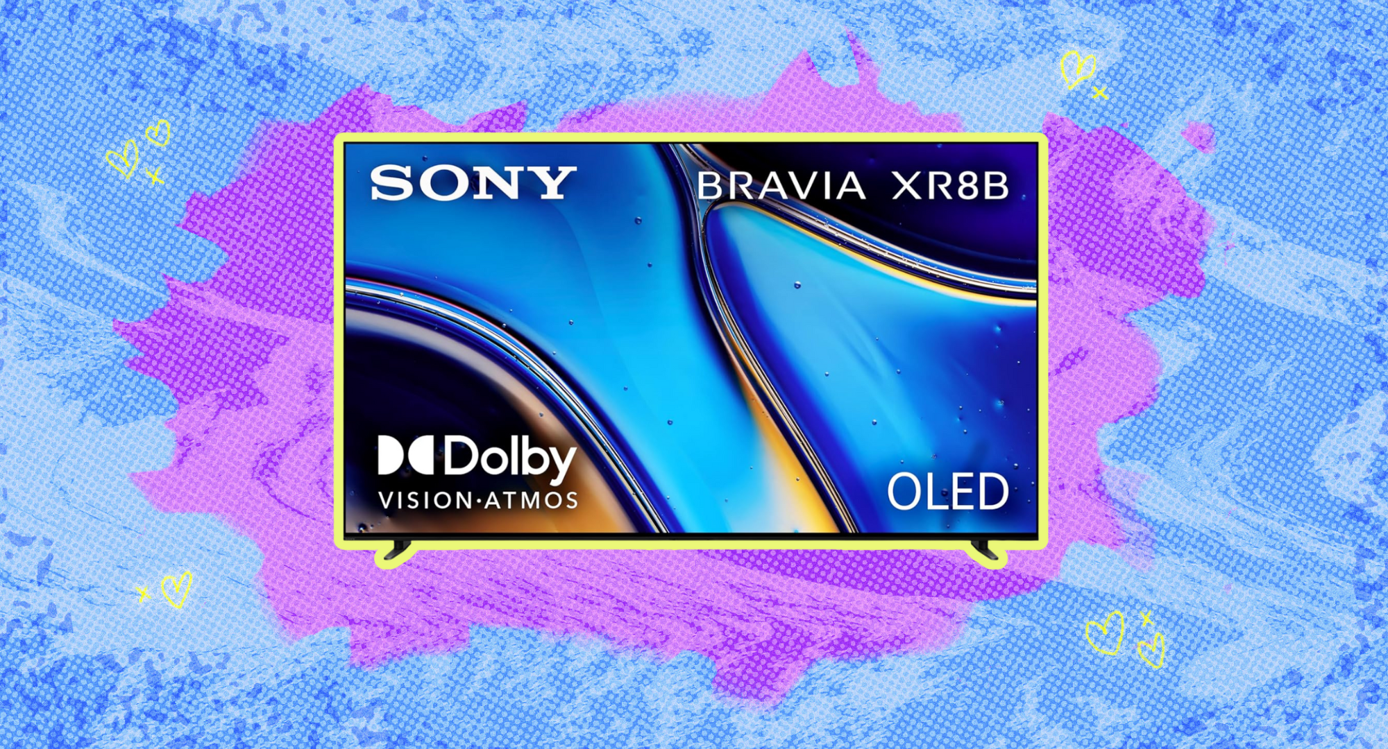 The 77-inch Sony Bravia smart tv against a colorful background. 