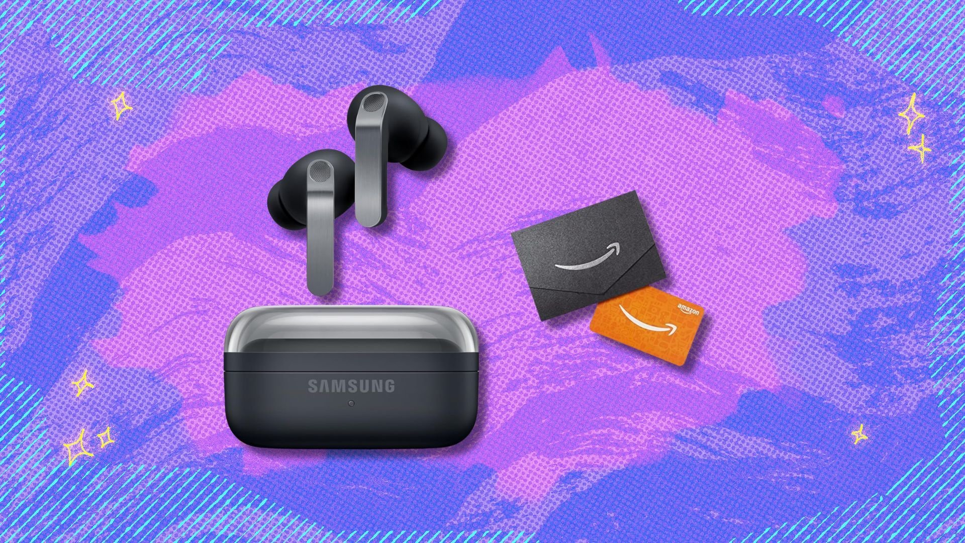 samsung galaxy buds 4 pro earbuds and amazon gift card against a purple patterned background