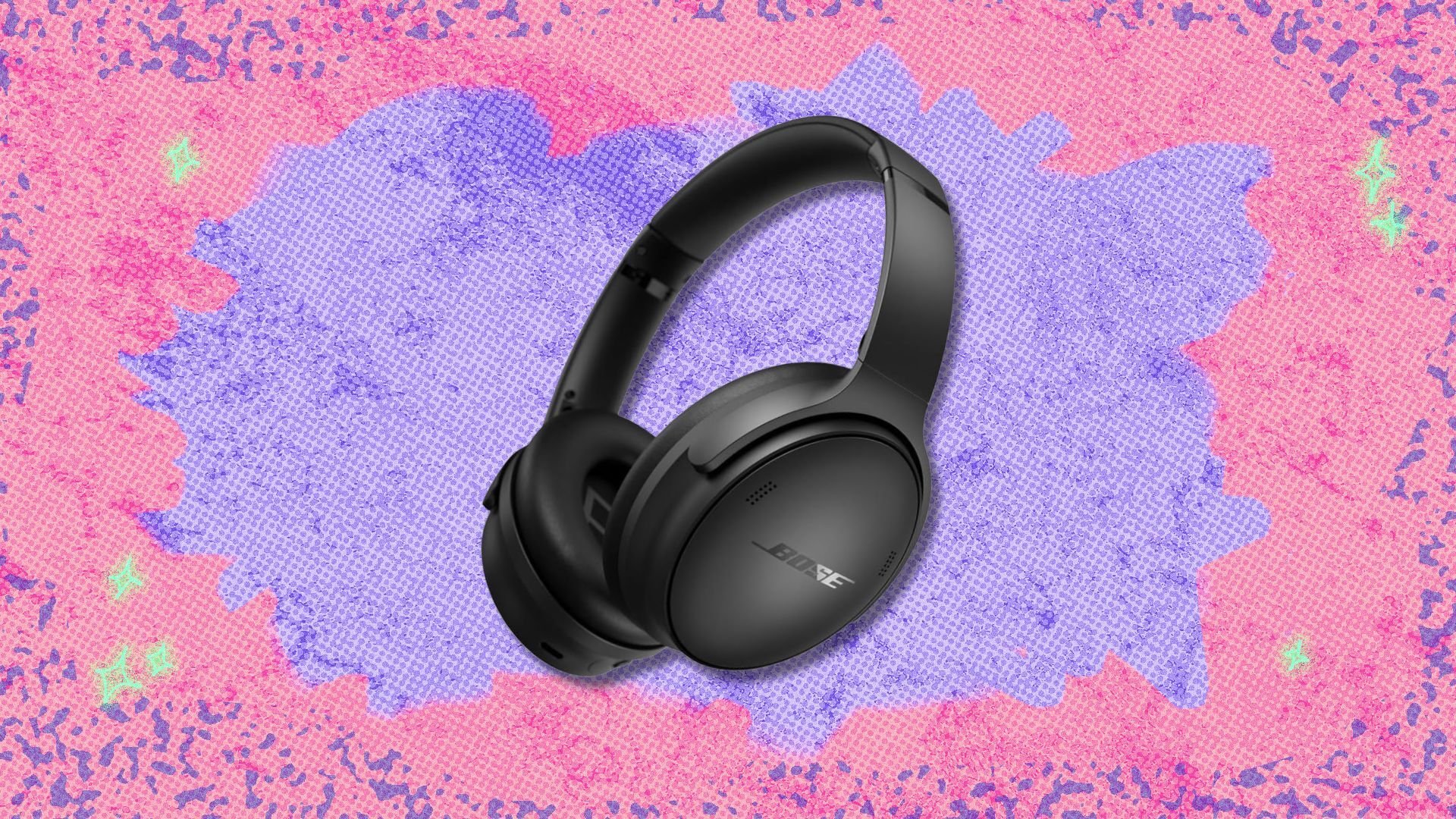 bose quietcomfort headphones against a pink and purple patterned background