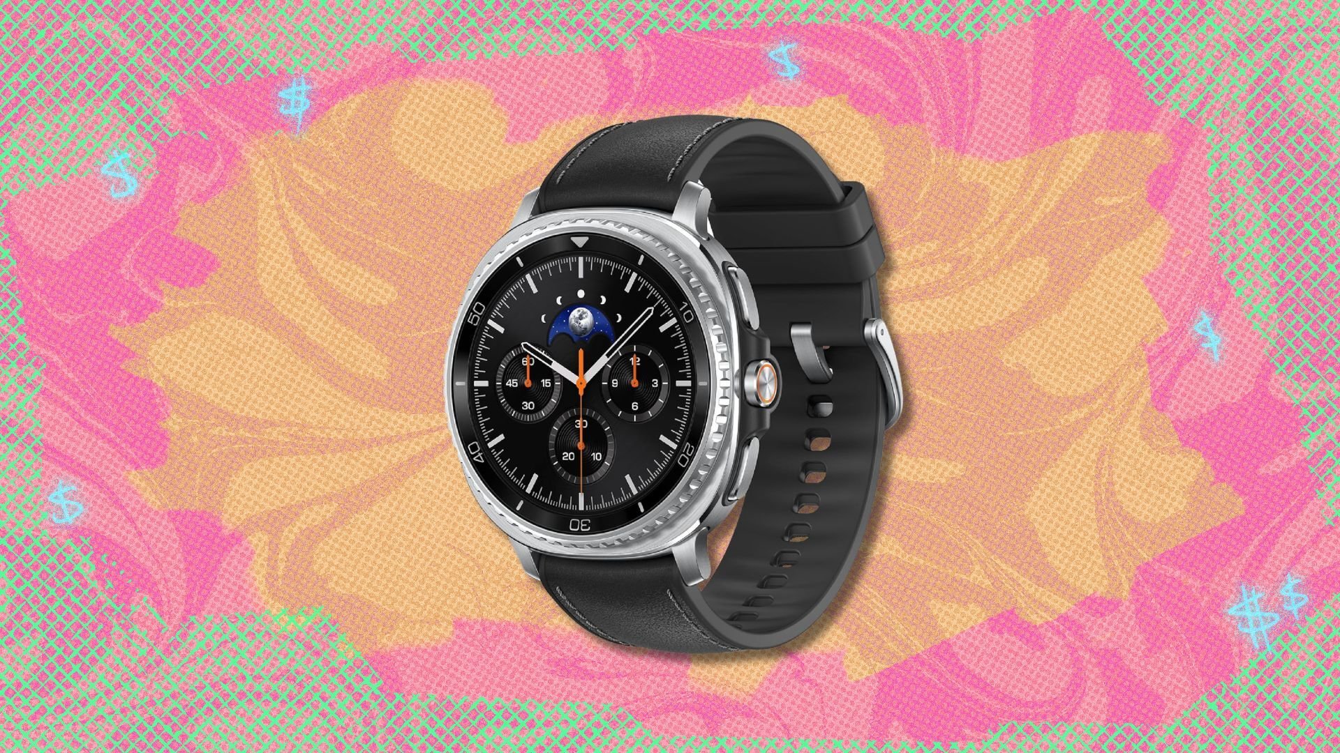 samsung galaxy watch 8 classic against a pink, yellow, and green patterned background