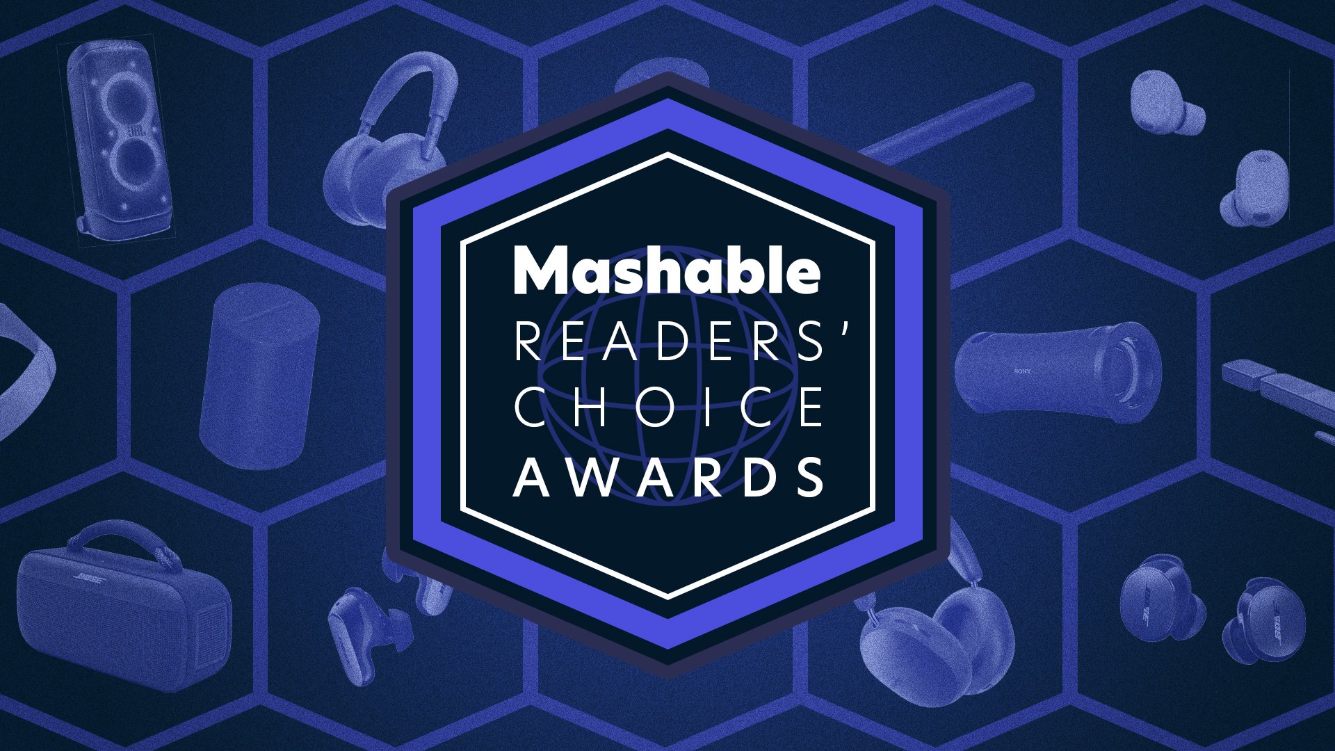 Mashable Readers' Choice Award logo against background of audio products