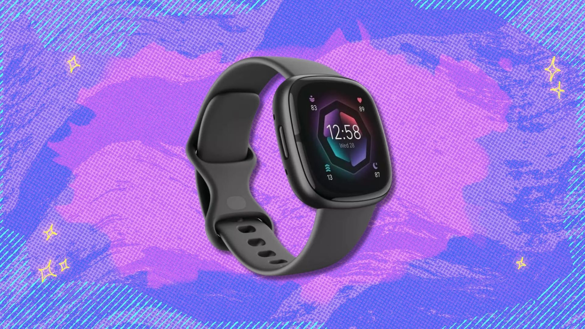 fitbit sense 2 against a purple patterned background