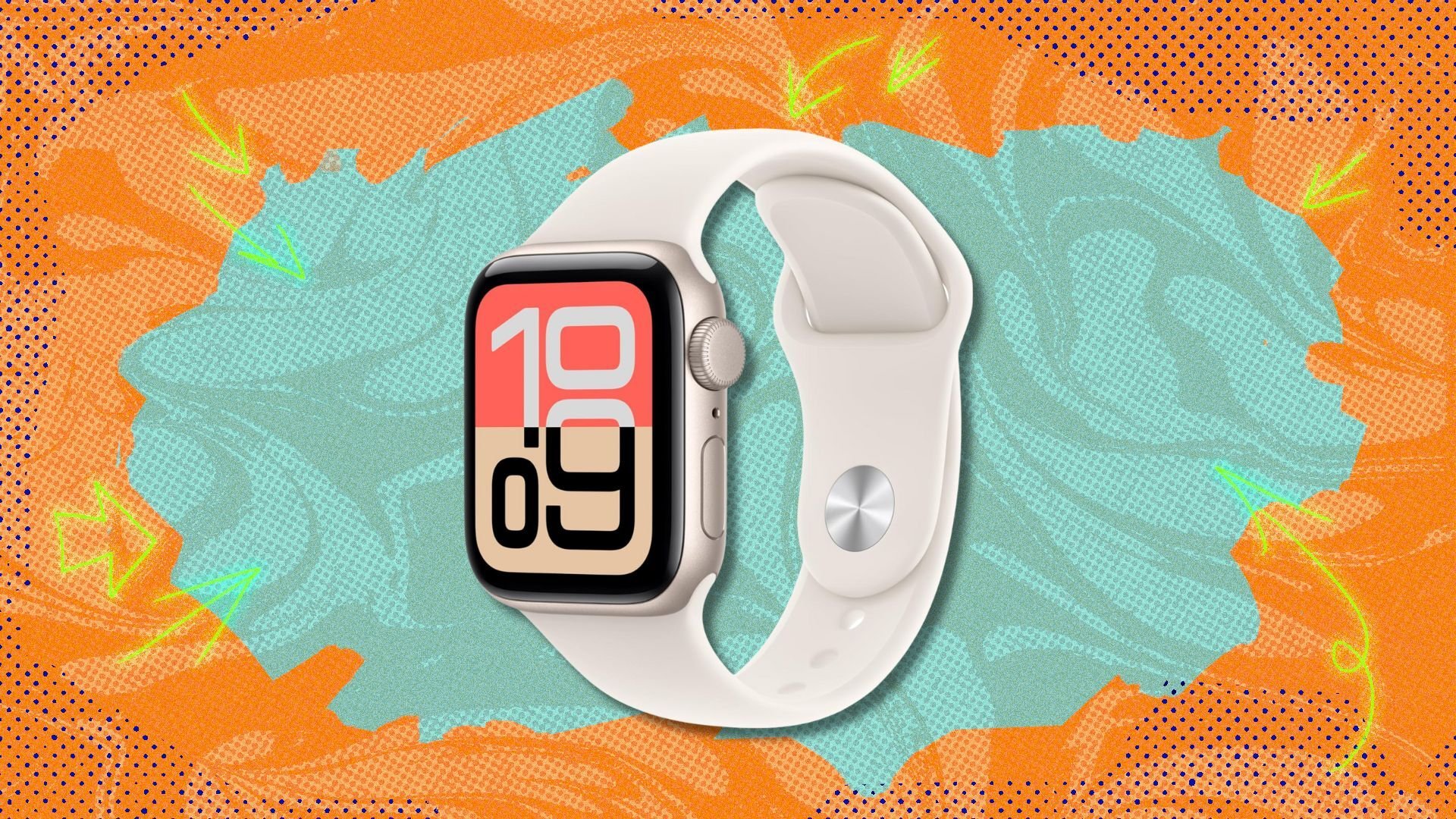 apple watch se 3 against an orange and blue patterned background