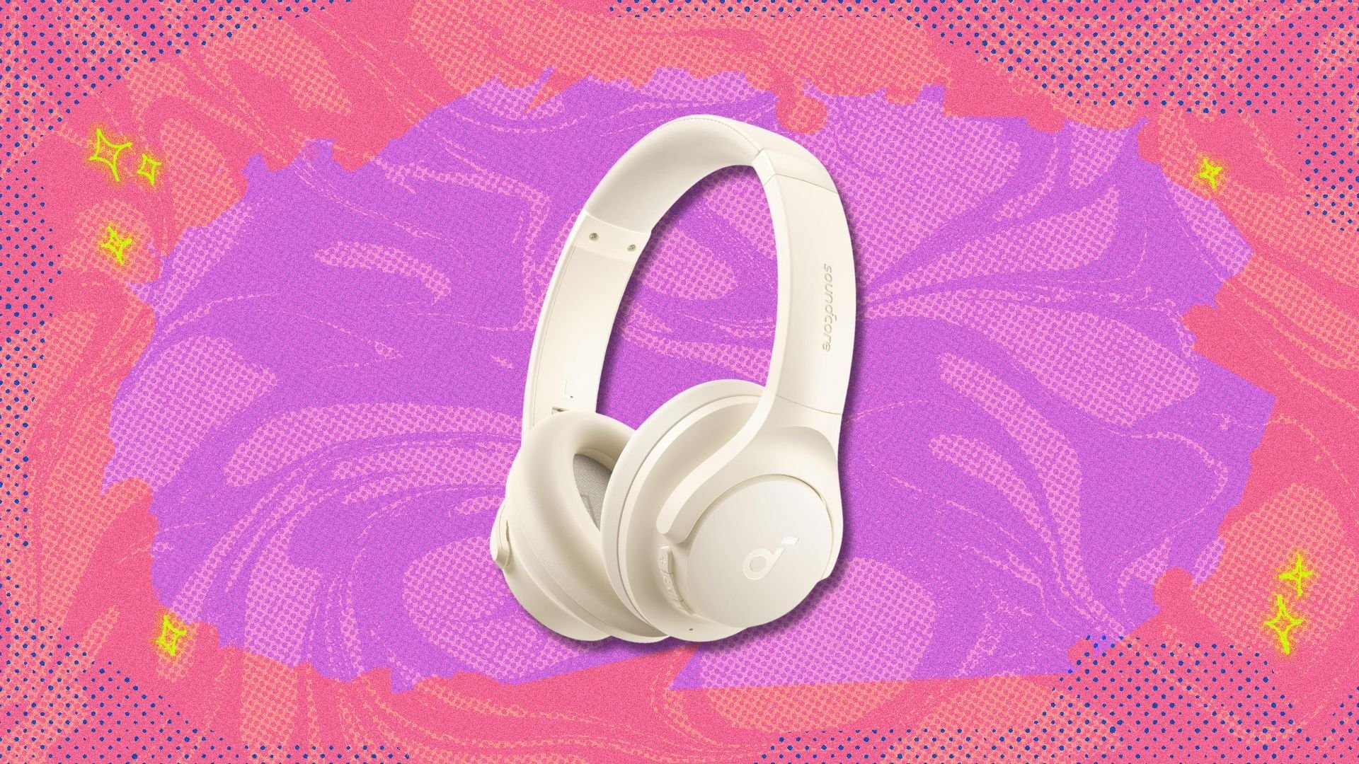 soundcore by anker q20i headphones against a pink and purple patterned background