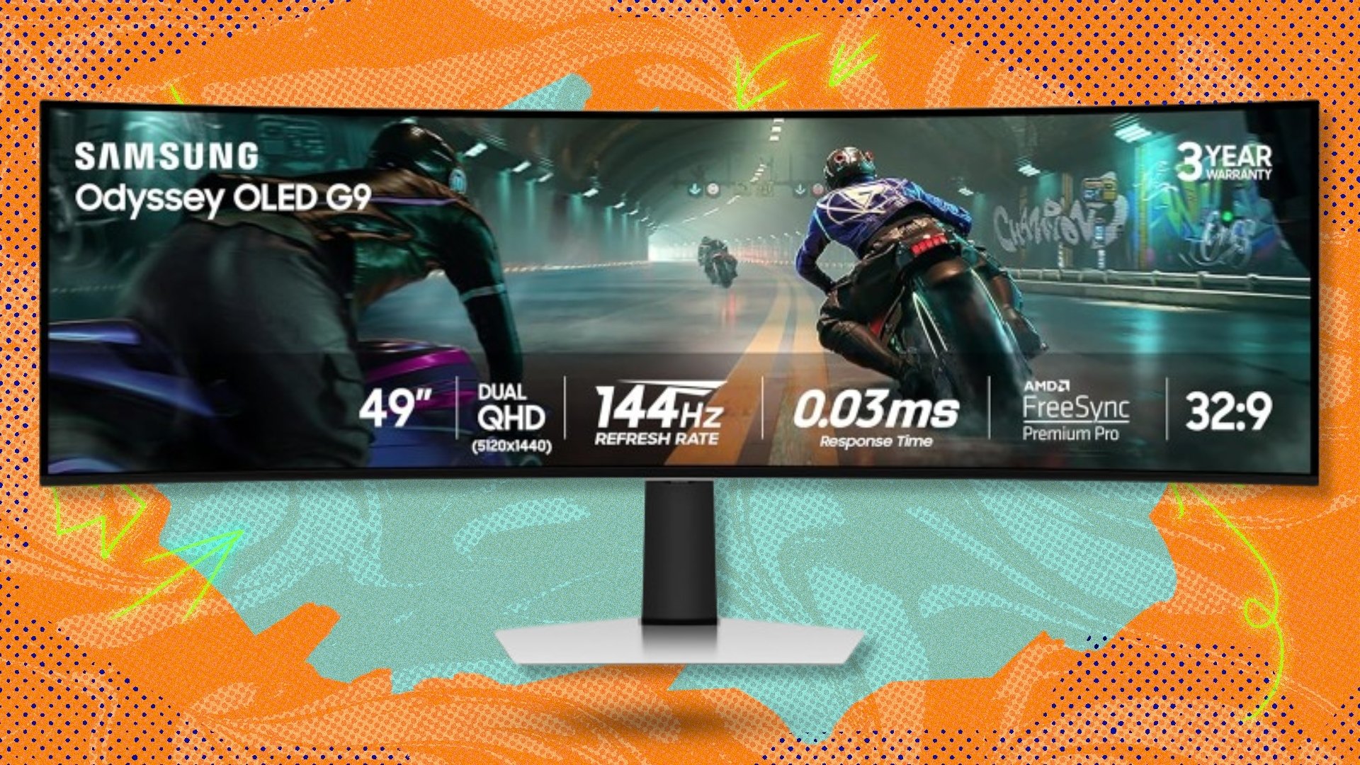 The Samsung 49-inch Odyssey OLED G9 Curved Gaming Monitor on a green and orange background